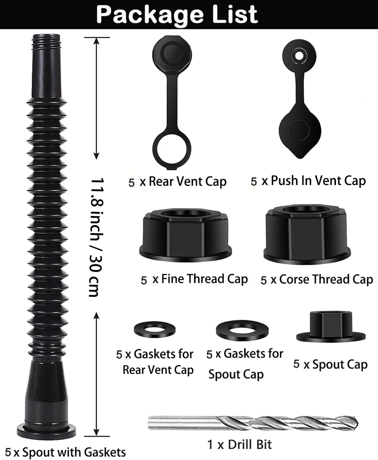 نازل جایگزین برای دبه بنزین با نازل انعطاف پذیر و مقیاس پذیر 30 سانتی متری، درپوش هواکش، درپوش پایه، مته، سازگار با Midwest Scepter Gott Blitz اکثر دبه های سوخت قدیمی 1، 2، 5 گالن، بسته 5 عددی (مشکی)