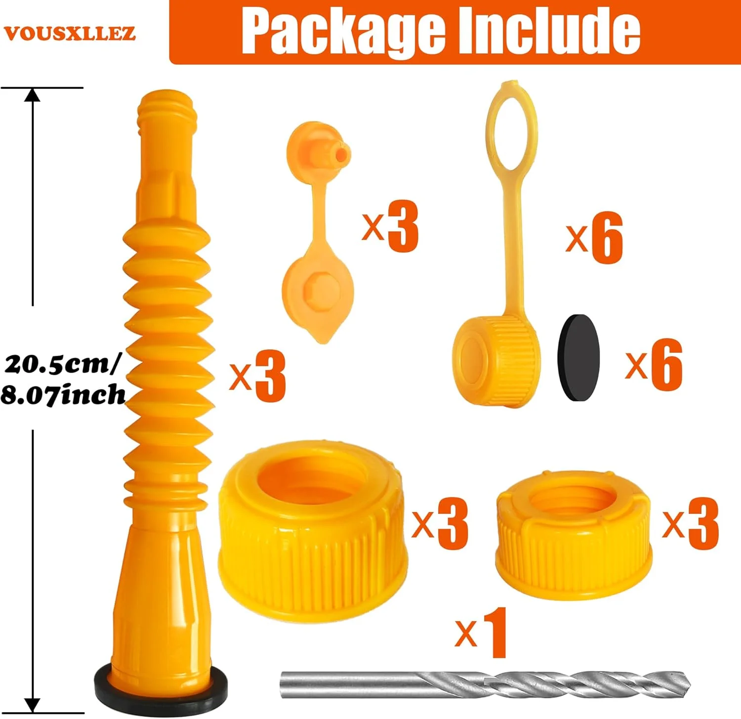 مجموعه جایگزین نازل مخزن سوخت، 3 عدد لوله زرد خم شو، نازل آسان ریز، 6 عدد درپوش پیچی با درپوش هواکش مخزن سوخت، نازل مخزن سوخت