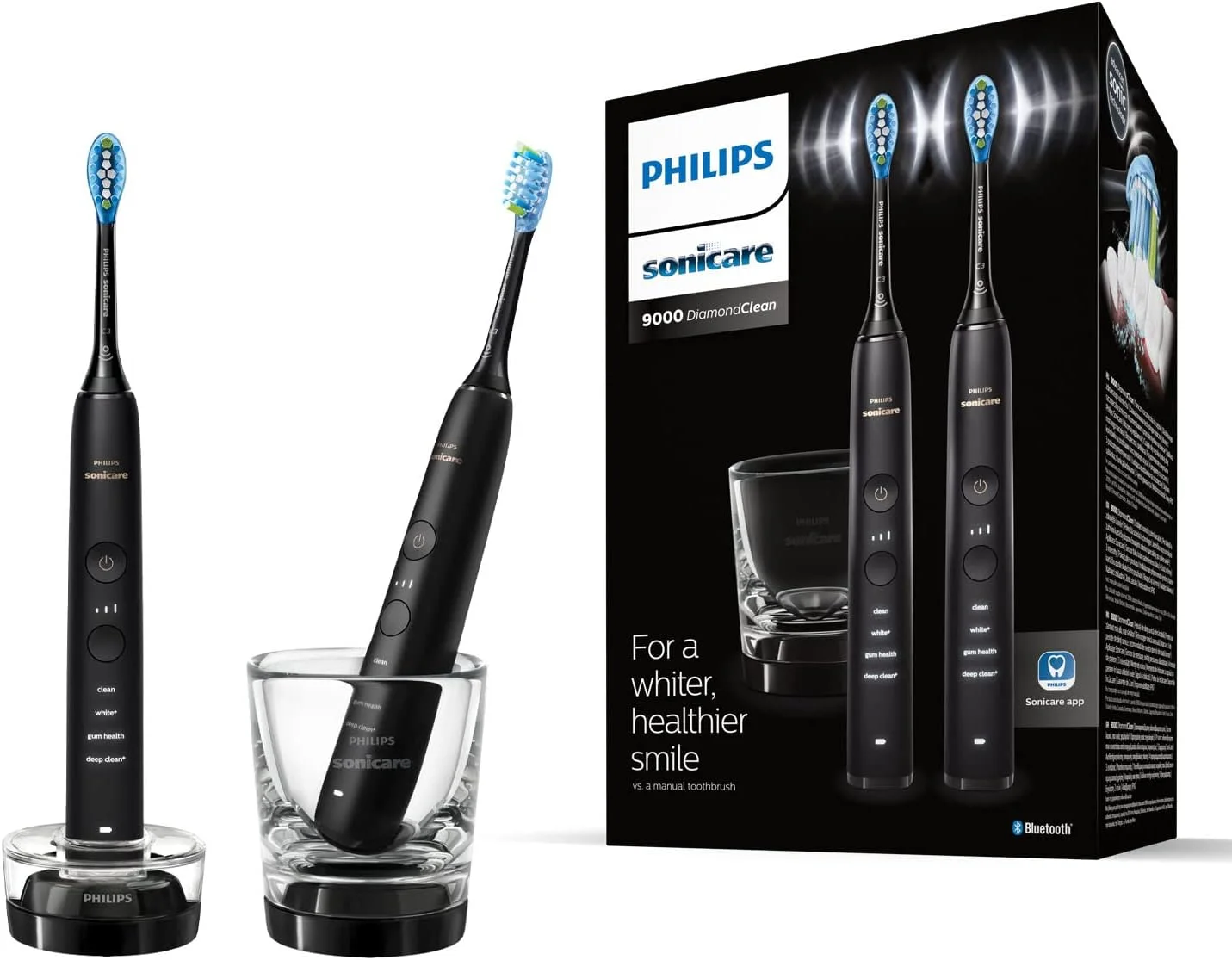 Philips Sonicare DiamondClean 9000 Set of 2 Black Electric Toothbrushes, 4 Modes, 3 Intensities, Gum Pressure Sensor, App, Connected Handles, Charging Glass & Stand, UK 2-Pin Bathroom Plug - HX9
