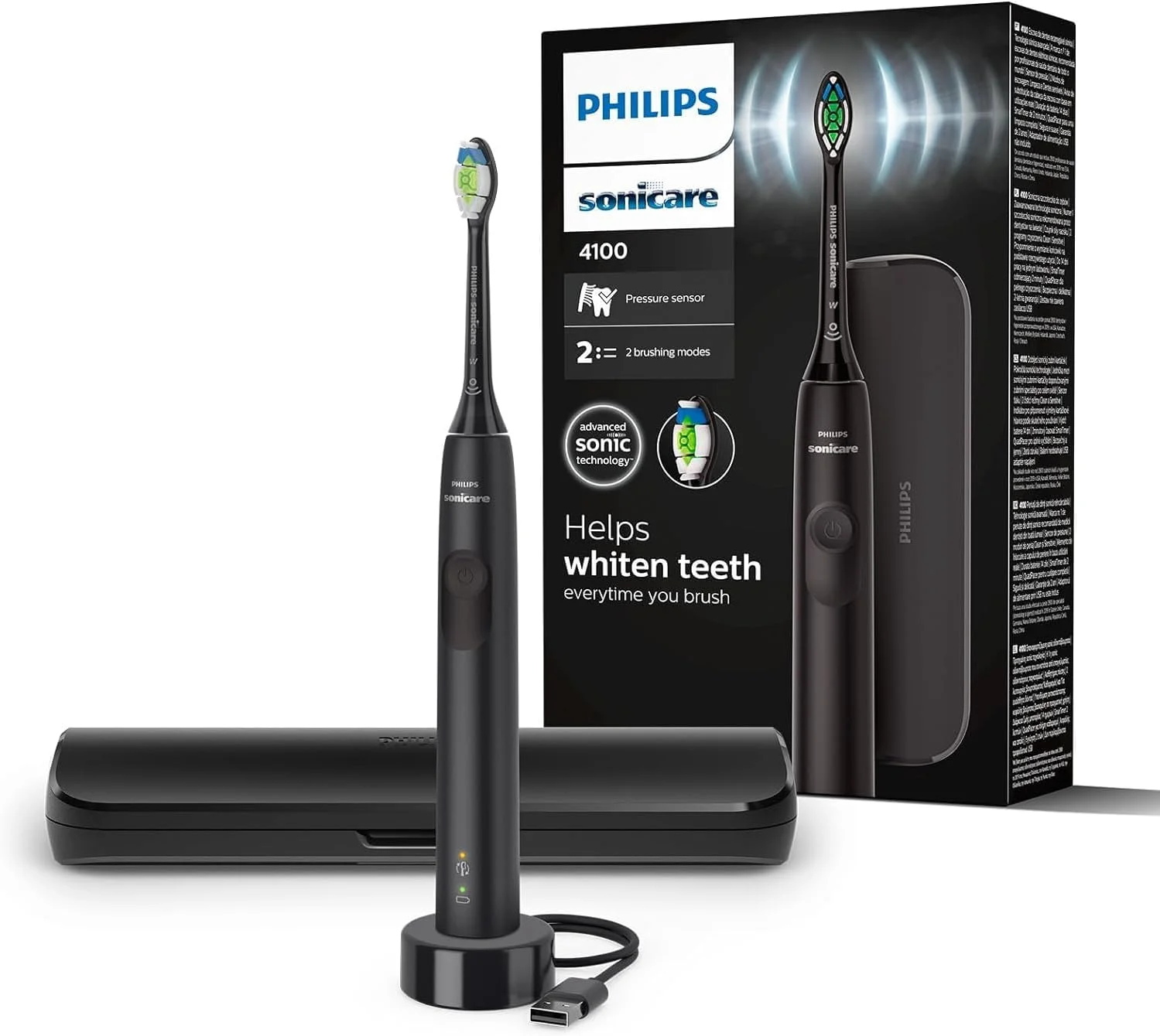 Philips Sonicare 4100 Electric Toothbrush for Adults - 1 x Philips W2 Optimal White Sonic Brush Head in Black, Slim Travel Case and USB Charger