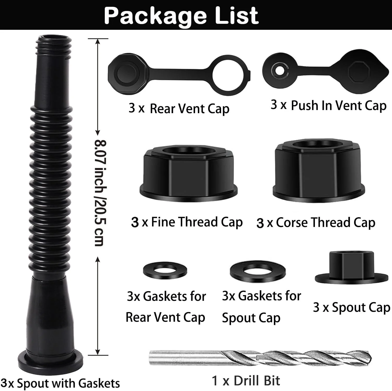 نازل جایگزین برای گالن بنزین، مدل قدیمی، انعطاف پذیر، به همراه واشر، درپوش هواکش، درپوش پایه و مته، سازگار با Midwest Gott Blitz و اکثر گالن های سوخت قدیمی، مناسب برای گالن های 1، 2، 5 و 10 گالنی، رنگ مشکی