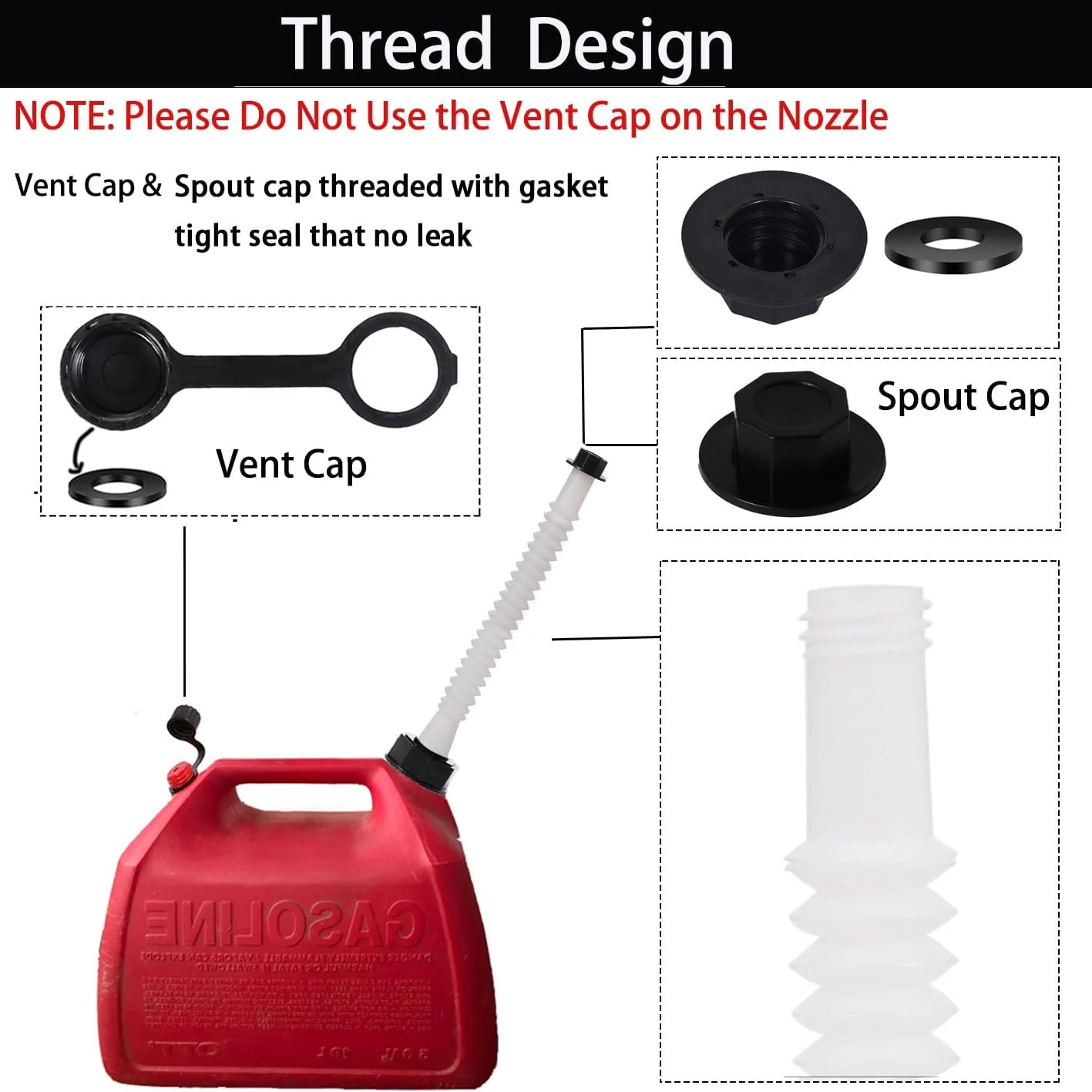 نازل جایگزین برای گالن بنزین، مدل قدیمی، بلند و انعطاف پذیر، به همراه واشر، درپوش هواکش، درپوش پایه و مته، سازگار با Midwest Gott Blitz و اکثر گالن های سوخت و آب قدیمی 1، 2 و 5 گالنی، سفید