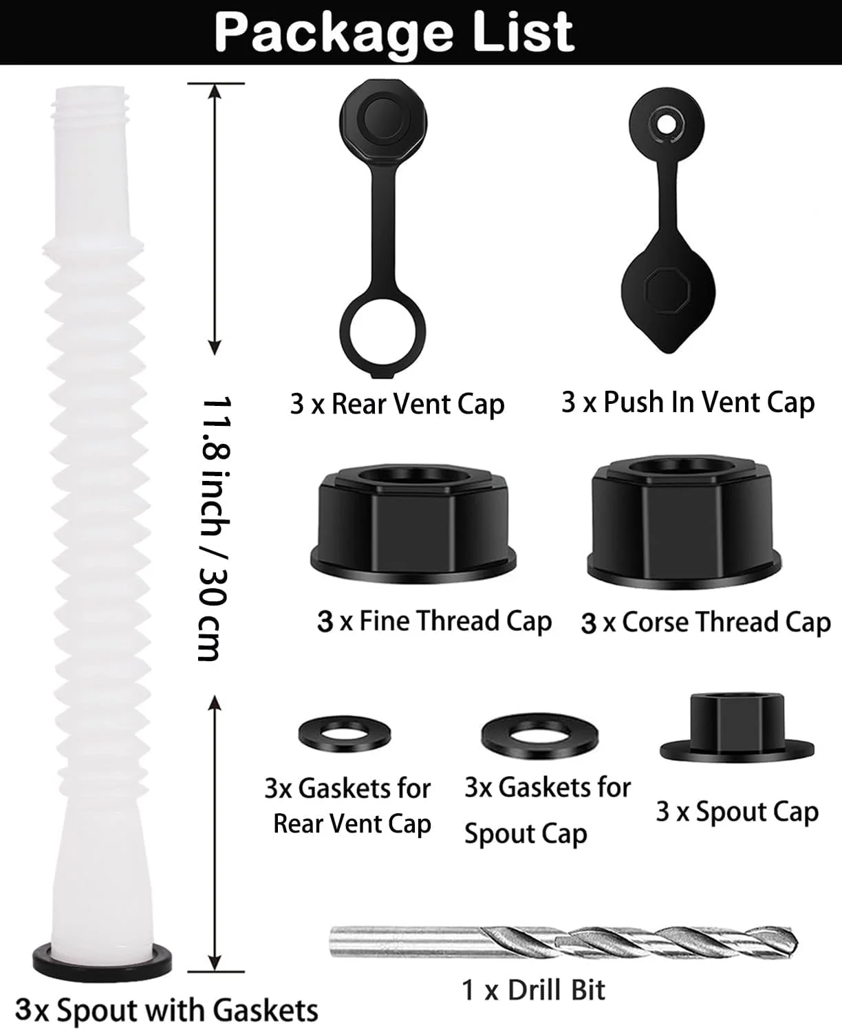 نازل جایگزین برای گالن بنزین، مدل قدیمی، بلند و انعطاف پذیر، به همراه واشر، درپوش هواکش، درپوش پایه و مته، سازگار با Midwest Gott Blitz و اکثر گالن های سوخت و آب قدیمی 1، 2 و 5 گالنی، سفید