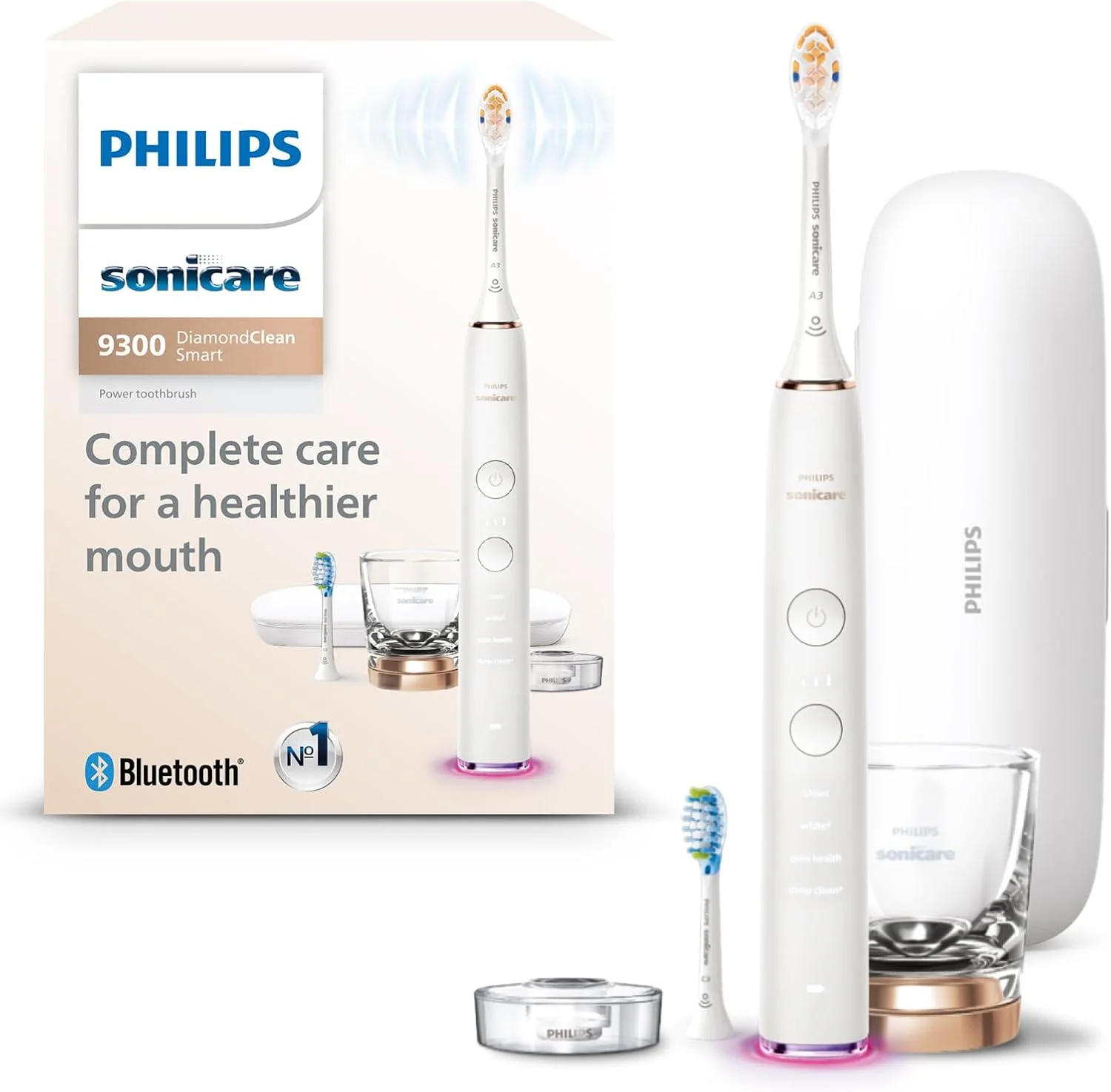 مسواک برقی هوشمند SONICARE Philips DiamondClean Smart 9300، مسواک صوتی با اپلیکیشن، سنسور فشار، تشخیص سر مسواک، 4 حالت مسواک زدن و 3 سطح شدت، رزگلد، مدل HX9903/65