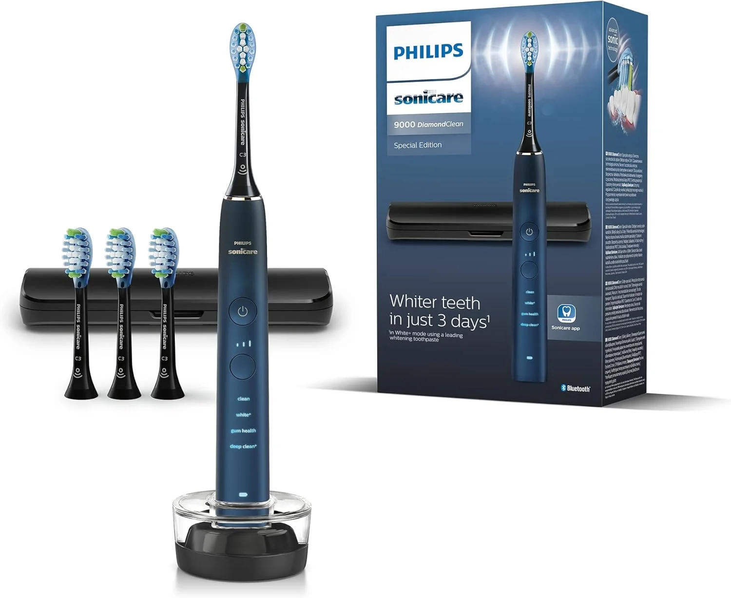 مسواک برقی سری 9000 Philips Sonicare DiamondClean، مسواک صوتی، دندان ها و مراقبت از دهان تمیزتر، آبی، با 4 عدد سری برس C3 Premium Plaque Defense (مدل HX9911/89)، مجموعه 5 عددی