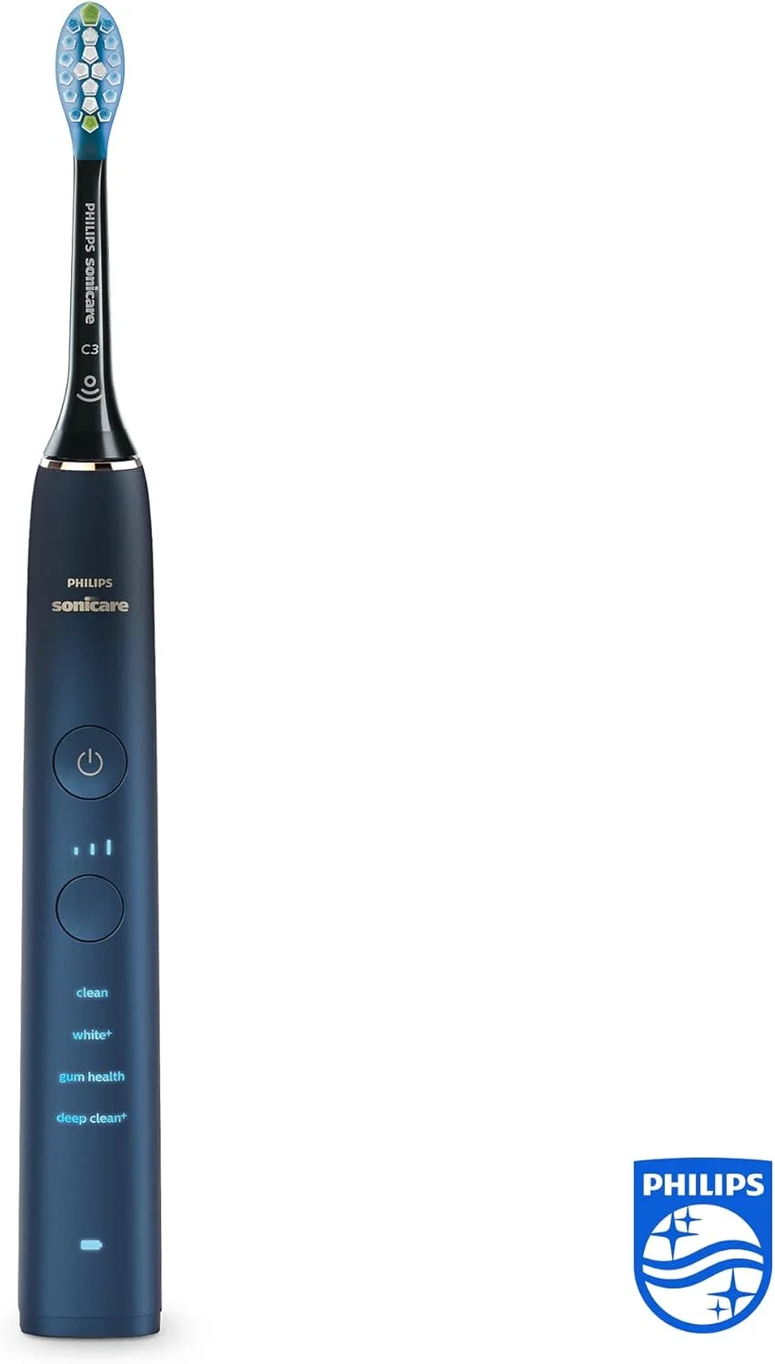 مسواک برقی سری 9000 Philips Sonicare DiamondClean، مسواک صوتی، دندان ها و مراقبت از دهان تمیزتر، آبی، با 4 عدد سری برس C3 Premium Plaque Defense (مدل HX9911/89)، مجموعه 5 عددی