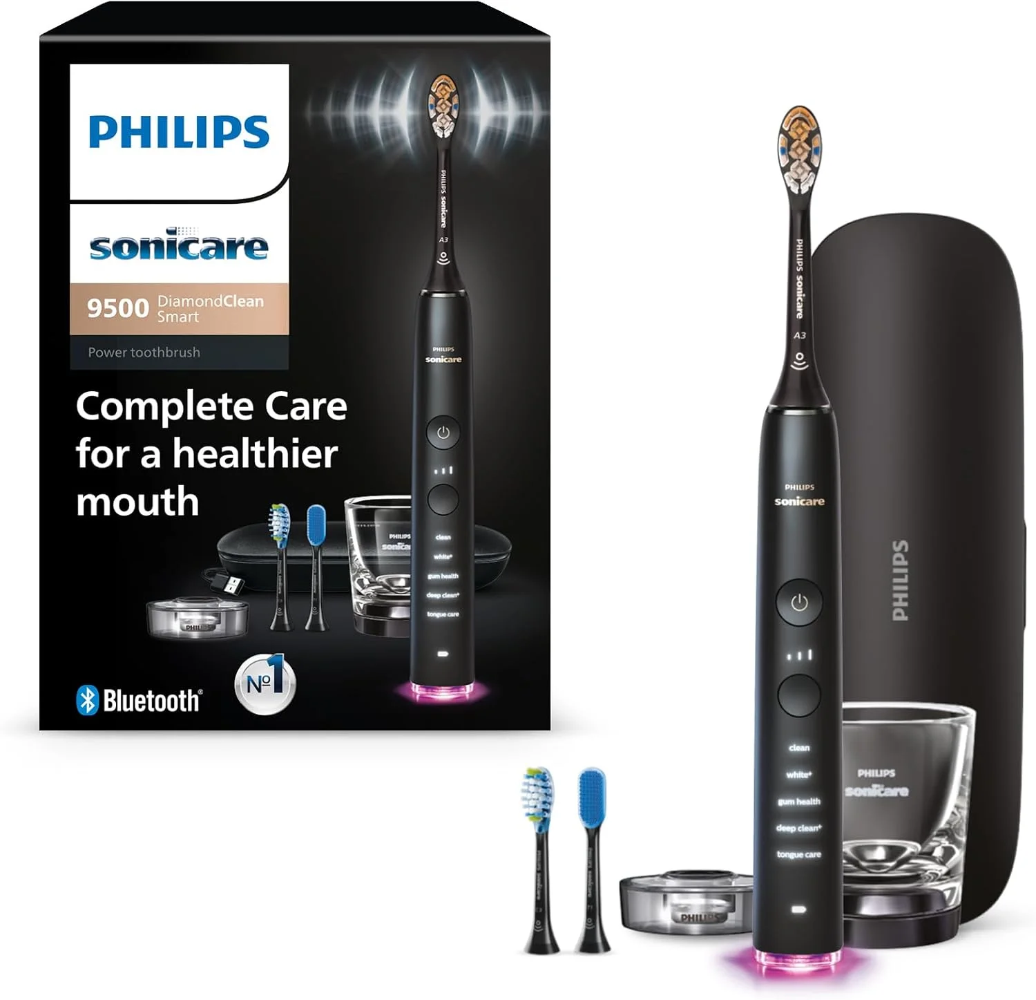 مسواک برقی هوشمند SONICARE Philips DiamondClean Smart 9500، مسواک صوتی با اپلیکیشن، حسگر فشار، تشخیص سر مسواک، 5 حالت مسواک زدن و 3 سطح شدت، مشکی، مدل HX9923/11