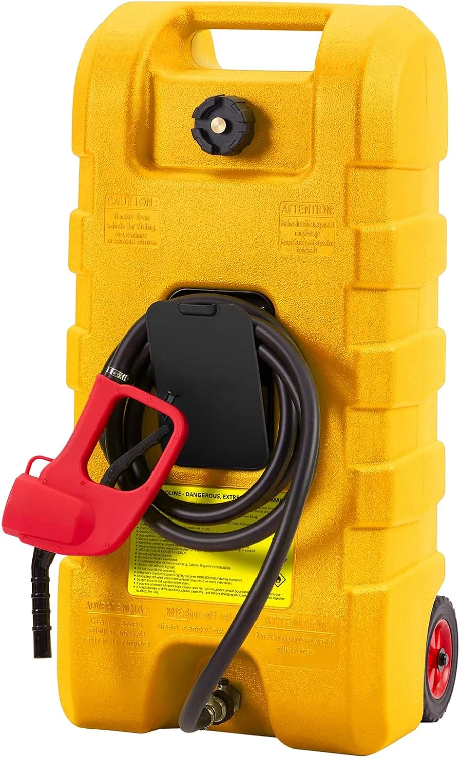 مخزن سوخت 57 لیتری، تانکر بنزین قابل حمل با پمپ انتقال سوخت دستی و شلنگ 3 متری، مخزن ذخیره سوخت بنزین و گازوئیل چرخ دار، تانک بنزین برای خودرو، ماشین چمن زنی، قایق، زرد