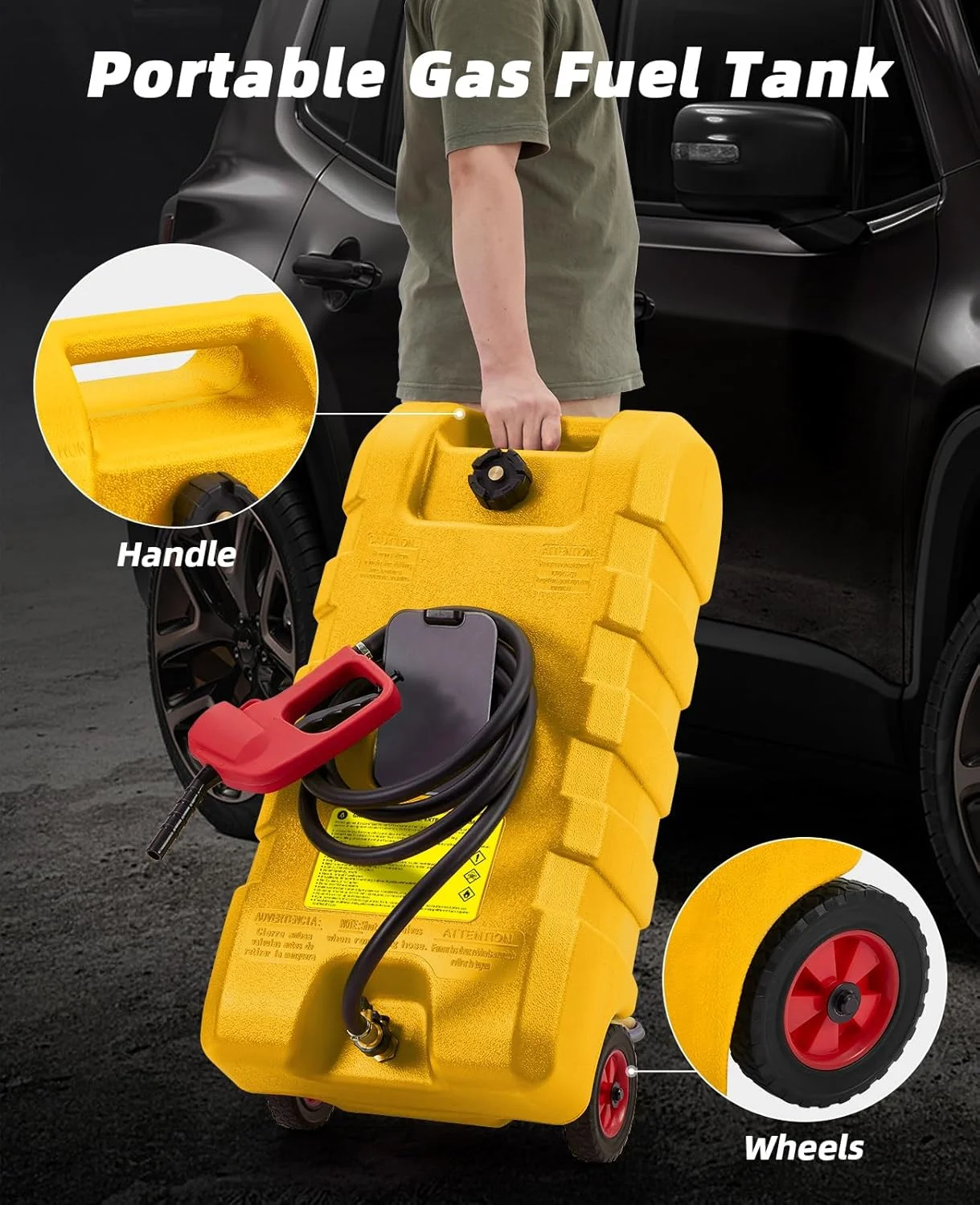 مخزن سوخت 57 لیتری، تانکر بنزین قابل حمل با پمپ انتقال سوخت دستی و شلنگ 3 متری، مخزن ذخیره سوخت بنزین و گازوئیل چرخ دار، تانک بنزین برای خودرو، ماشین چمن زنی، قایق، زرد