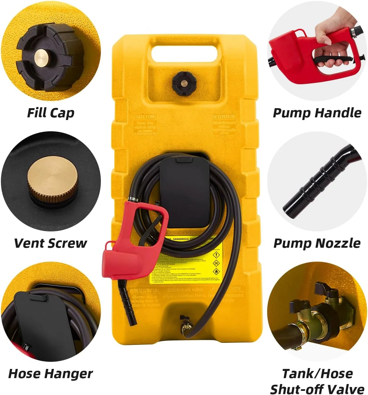 مخزن سوخت 57 لیتری، تانکر بنزین قابل حمل با پمپ انتقال سوخت دستی و شلنگ 3 متری، مخزن ذخیره سوخت بنزین و گازوئیل چرخ دار، تانک بنزین برای خودرو، ماشین چمن زنی، قایق، زرد