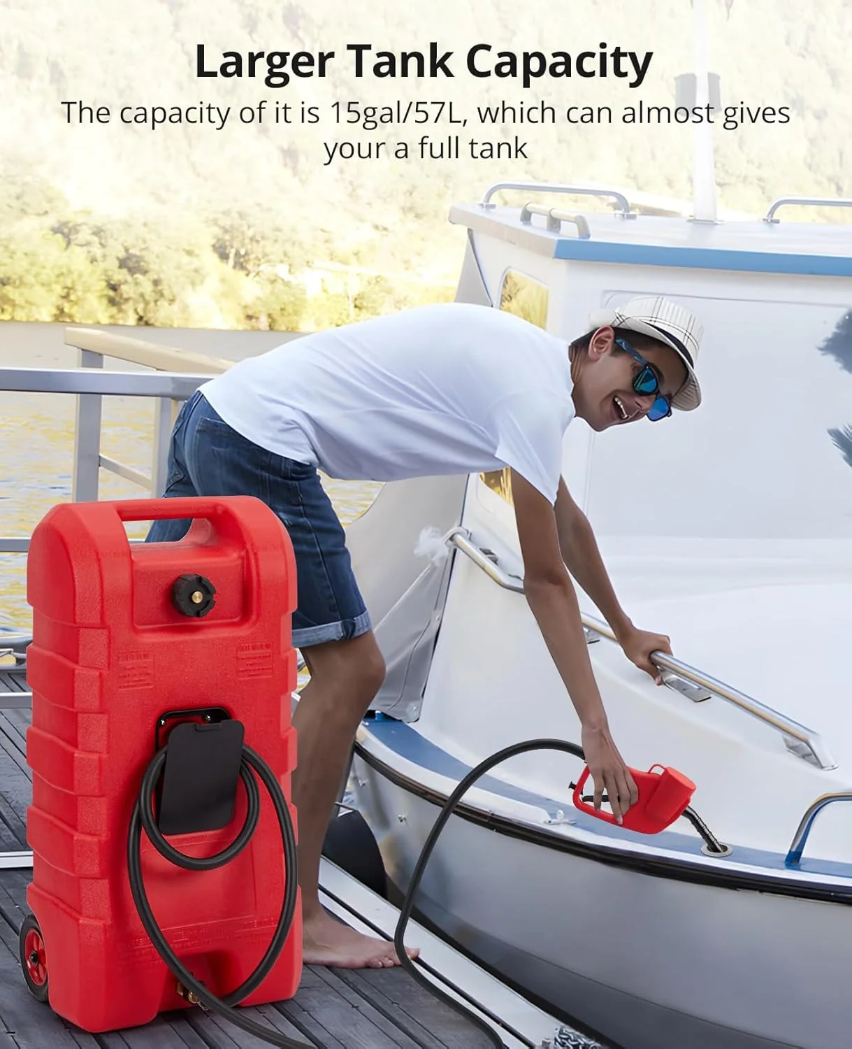 مخزن سوخت قابل حمل 15 گالن با چرخ، پمپ دستی سیفون با نرخ جریان 2 گالن و شلنگ 10 فوتی برای بنزین و گازوئیل