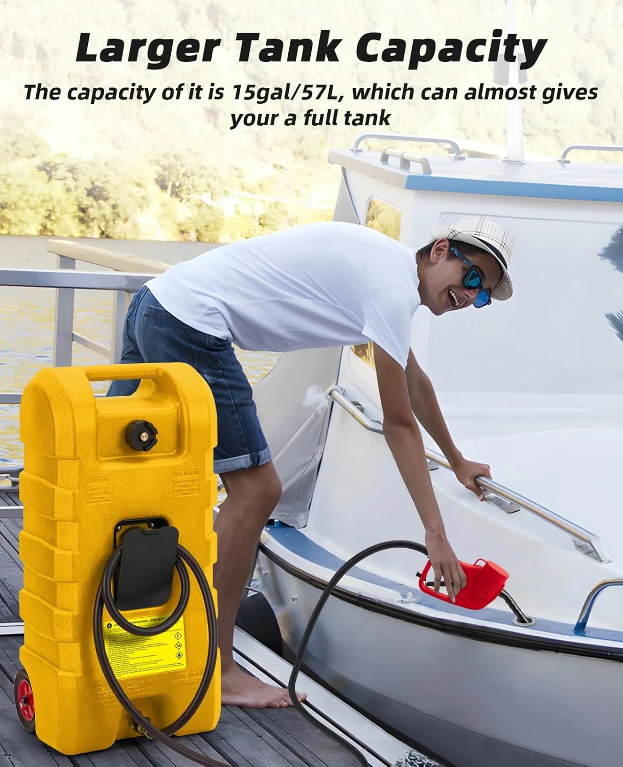 مخزن سوخت 57 لیتری، تانکر بنزین قابل حمل با پمپ انتقال سوخت دستی و شلنگ 3 متری، مخزن ذخیره سوخت بنزین و گازوئیل چرخ دار، تانک بنزین برای خودرو، ماشین چمن زنی، قایق، زرد