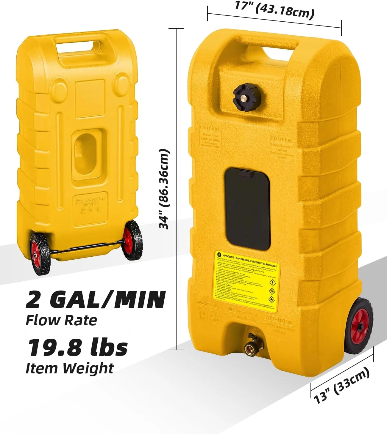 مخزن سوخت 57 لیتری، تانکر بنزین قابل حمل با پمپ انتقال سوخت دستی و شلنگ 3 متری، مخزن ذخیره سوخت بنزین و گازوئیل چرخ دار، تانک بنزین برای خودرو، ماشین چمن زنی، قایق، زرد