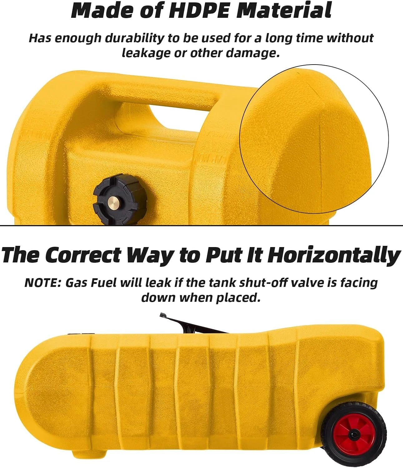 مخزن سوخت 57 لیتری، تانکر بنزین قابل حمل با پمپ انتقال سوخت دستی و شلنگ 3 متری، مخزن ذخیره سوخت بنزین و گازوئیل چرخ دار، تانک بنزین برای خودرو، ماشین چمن زنی، قایق، زرد