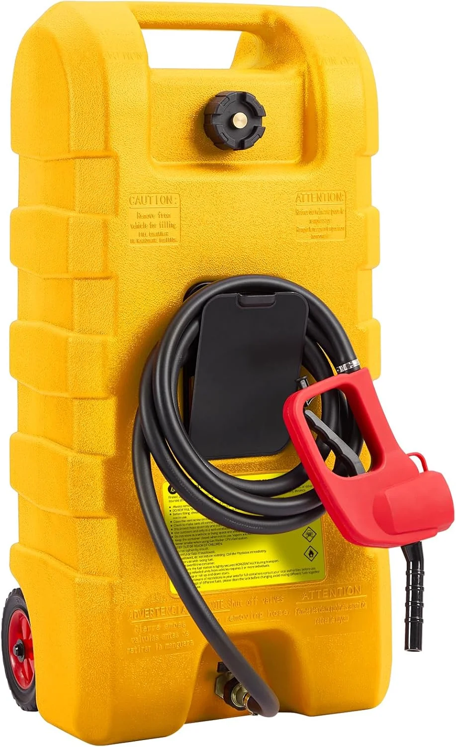 مخزن سوخت 57 لیتری، تانکر بنزین قابل حمل با پمپ انتقال سوخت دستی و شلنگ 3 متری، مخزن ذخیره سوخت بنزین و گازوئیل چرخ دار، تانک بنزین برای خودرو، ماشین چمن زنی، قایق، زرد