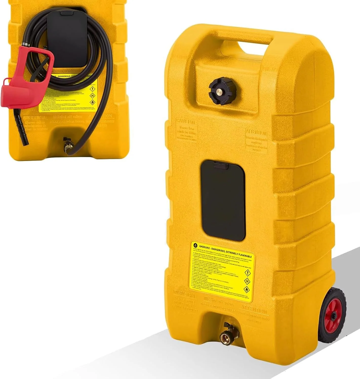 مخزن سوخت 57 لیتری، تانکر بنزین قابل حمل با پمپ انتقال سوخت دستی و شلنگ 3 متری، مخزن ذخیره سوخت بنزین و گازوئیل چرخ دار، تانک بنزین برای خودرو، ماشین چمن زنی، قایق، زرد