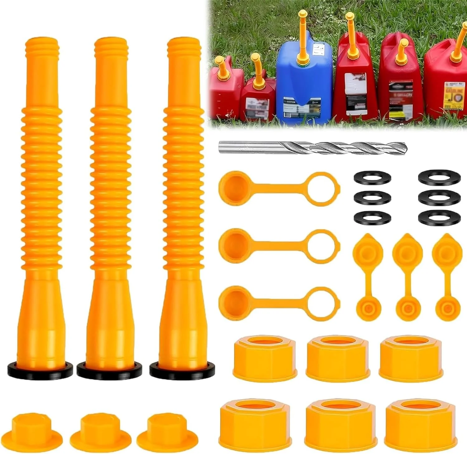 مجموعه 3 عددی نازل قیفی باک بنزین، نازل تانک مقیاس پذیر، مجموعه جایگزین خروجی باک بنزین با مته 8 میلی متری مناسب برای اکثر ظروف 1/2/5/10 گالنی