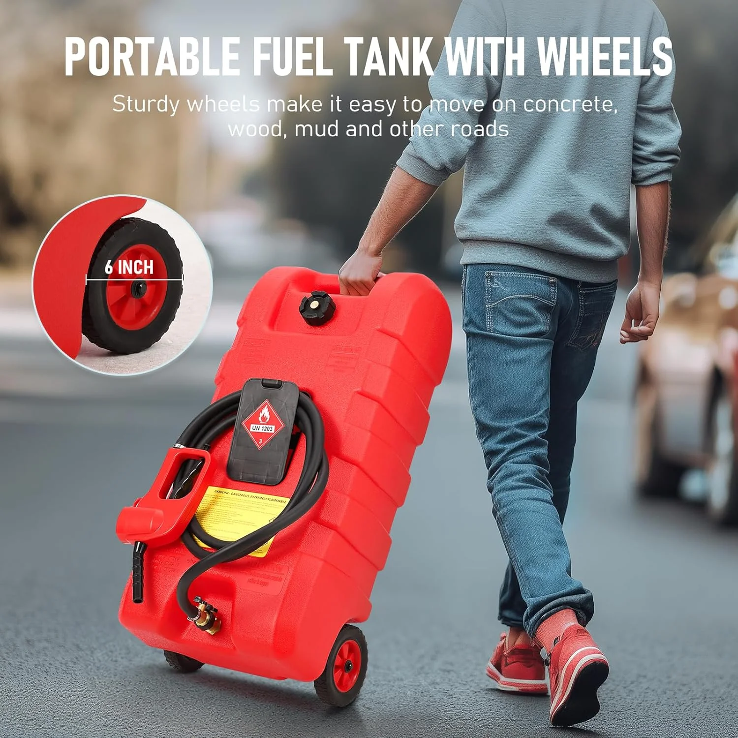 مخزن سوخت 15 گالنی PAMBEE، ظرف قابل حمل با پمپ سیفون انتقال مایع LE و شلنگ 10 فوتی، مخزن ذخیره گازوئیل با چرخ، 3 گالن در دقیقه، قرمز