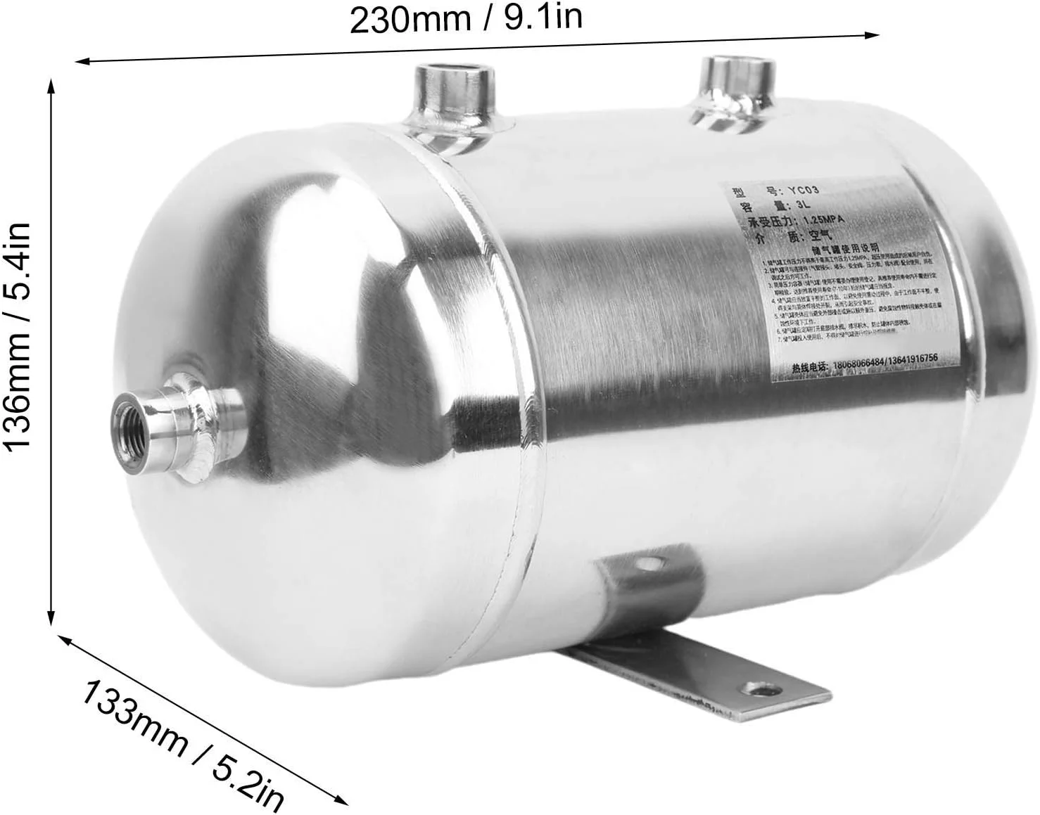 مخزن گاز پرداخت شده 3 لیتری افقی با فشار بالا، مخزن ذخیره هوا، فولاد ضد زنگ 4 پورت مخزن گاز پرداخت شده 3 لیتری افقی با فشار بالا، مخزن ذخیره هوا، فولاد ضد زنگ 4 پورت