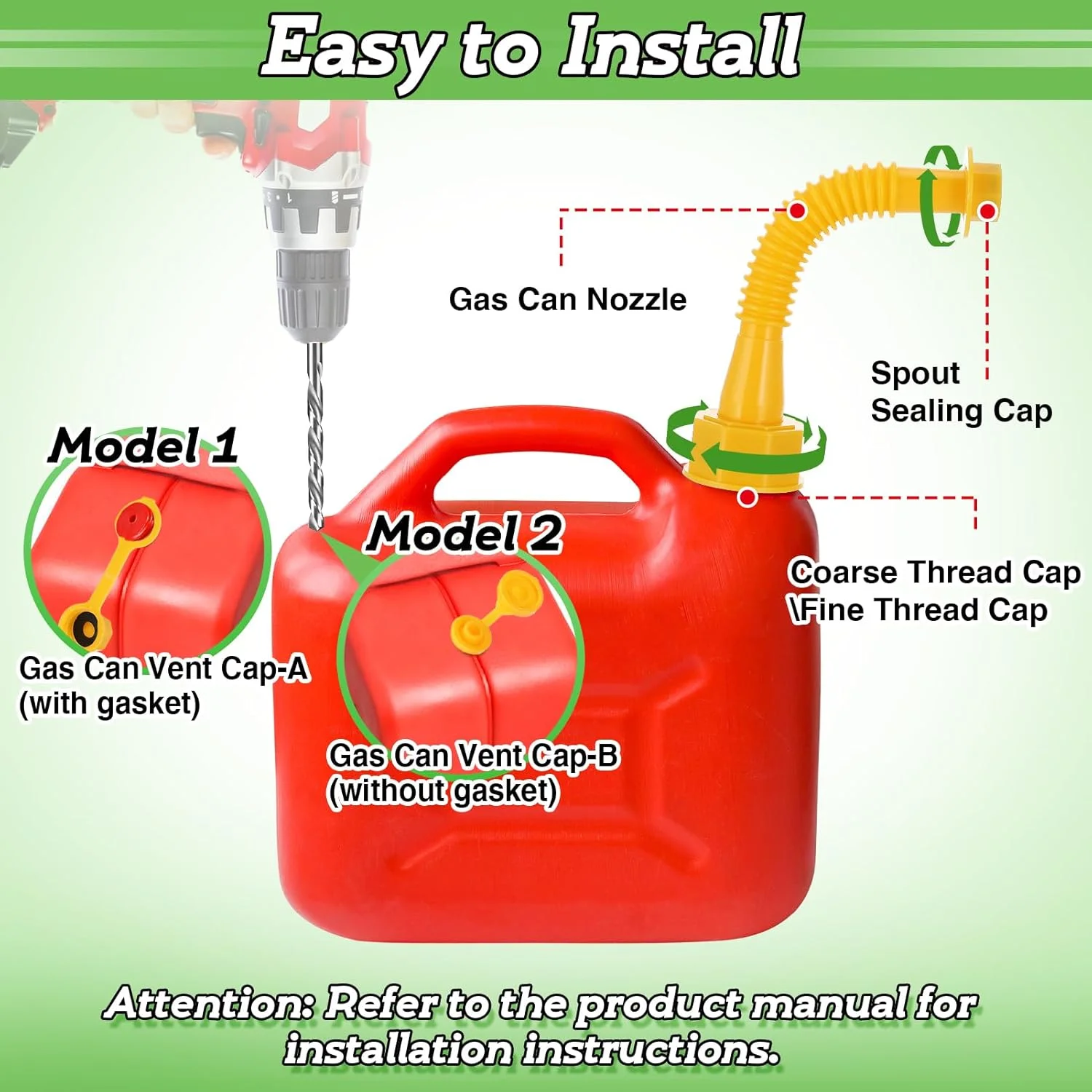 نازل جایگزین برای گالن بنزین PAMASE - کیت 3 عددی نازل مخزن سوخت با واشر برای گالن های روغن 1/2/5/10 گالنی، نصب آسان، ضد ریزش بادوام با درپوش های پیچی، پوشش نازل، درپوش پایه، مته