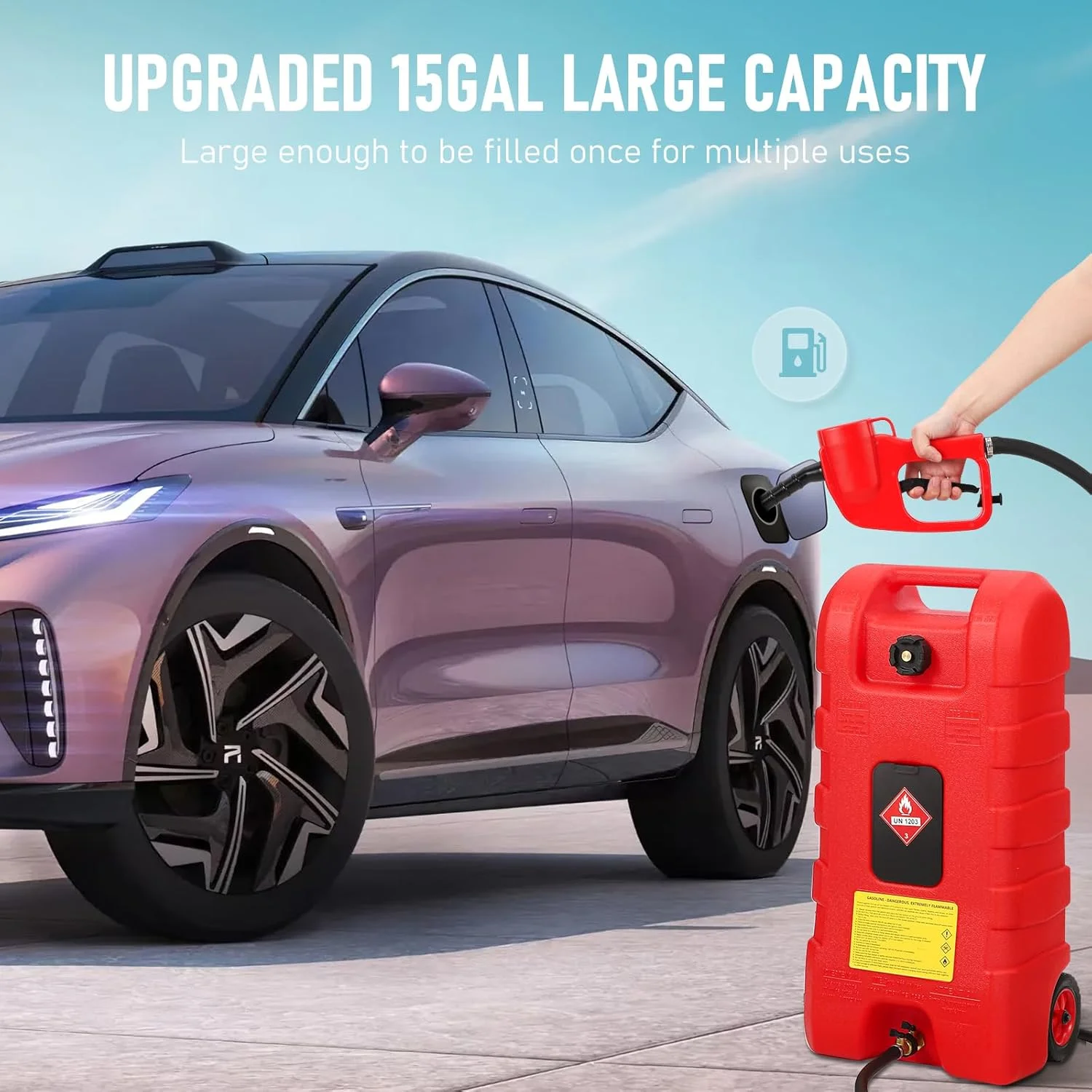 مخزن سوخت 15 گالنی PAMBEE، ظرف قابل حمل با پمپ سیفون انتقال مایع LE و شلنگ 10 فوتی، مخزن ذخیره گازوئیل با چرخ، 3 گالن در دقیقه، قرمز