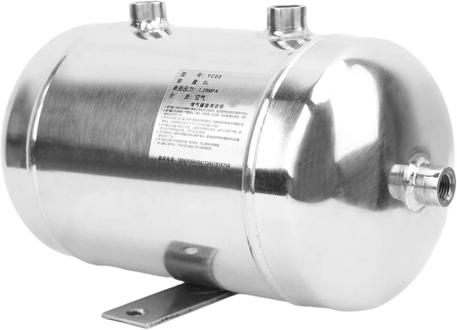 مخزن گاز پرداخت شده 3 لیتری افقی با فشار بالا، مخزن ذخیره هوا، فولاد ضد زنگ 4 پورت مخزن گاز پرداخت شده 3 لیتری افقی با فشار بالا، مخزن ذخیره هوا، فولاد ضد زنگ 4 پورت