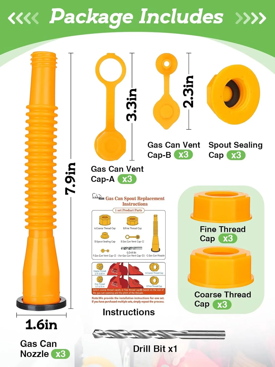 نازل جایگزین برای گالن بنزین PAMASE - کیت 3 عددی نازل مخزن سوخت با واشر برای گالن های روغن 1/2/5/10 گالنی، نصب آسان، ضد ریزش بادوام با درپوش های پیچی، پوشش نازل، درپوش پایه، مته