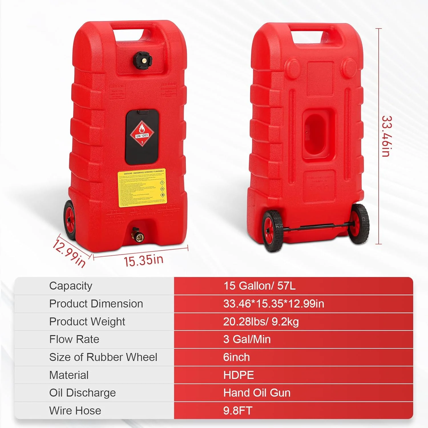مخزن سوخت 15 گالنی PAMBEE، ظرف قابل حمل با پمپ سیفون انتقال مایع LE و شلنگ 10 فوتی، مخزن ذخیره گازوئیل با چرخ، 3 گالن در دقیقه، قرمز