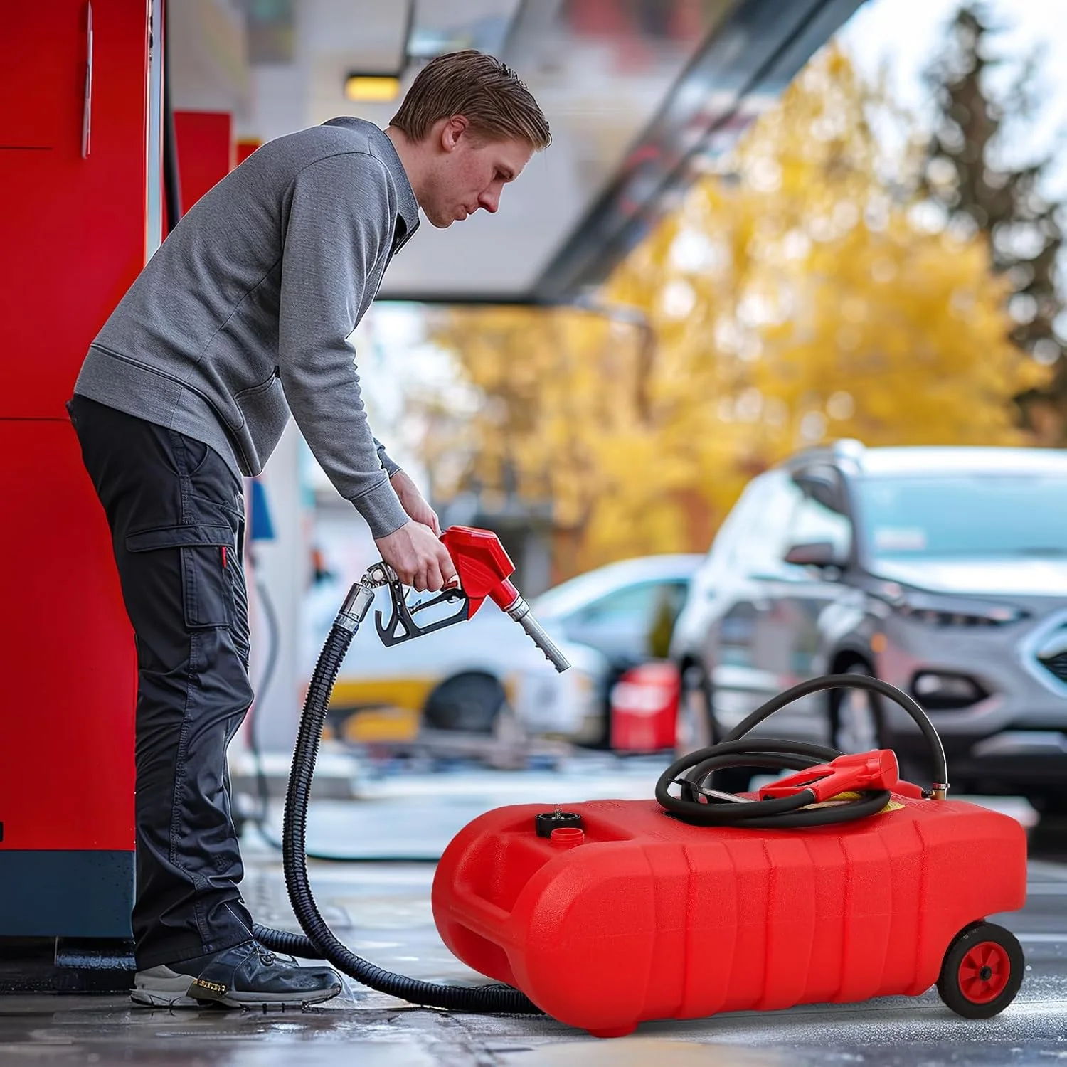 مخزن سوخت 15 گالنی PAMBEE، ظرف قابل حمل با پمپ سیفون انتقال مایع LE و شلنگ 10 فوتی، مخزن ذخیره گازوئیل با چرخ، 3 گالن در دقیقه، قرمز