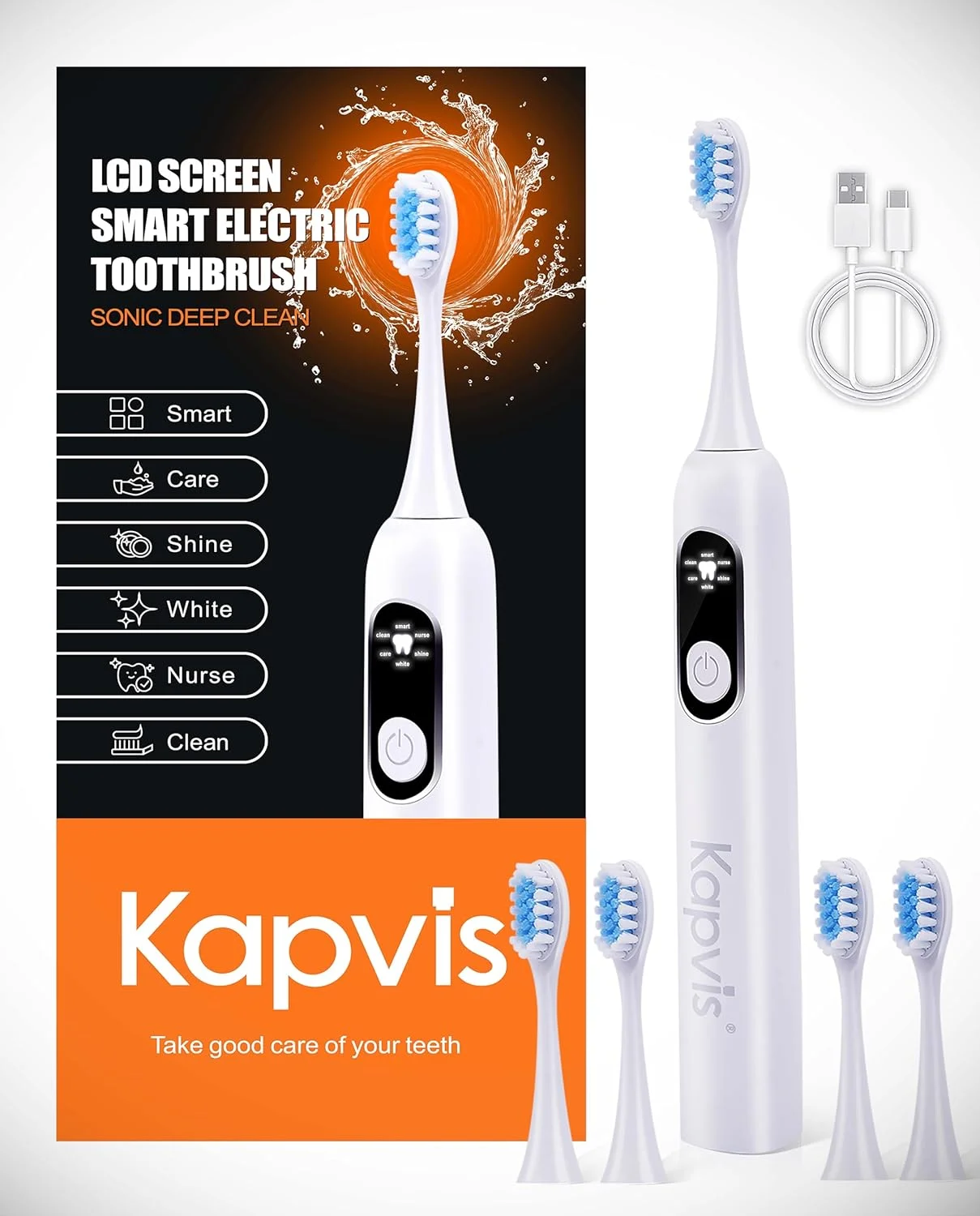 مسواک برقی سونیک Kapvis با 4 سری مسواک برای بزرگسالان و کودکان، یک بار شارژ برای 30 روز، شارژ سریع، 6 حالت، مسواک های صفحه نمایش LCD با قدرت 38000VPM، تایمر هوشمند 2 دقیقه ای داخلی