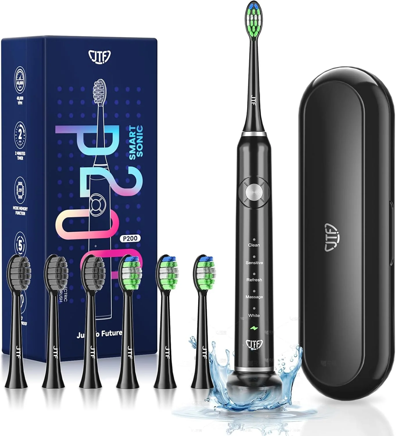 مسواک برقی صوتی JTF برای بزرگسالان، مسواک برقی بزرگسالان، مسواک صوتی قابل شارژ، مسواک سفید کننده با کیف مسافرتی، 6 سر Dupont، 5 حالت تمیز کردن، تایمر 2 دقیقه ای