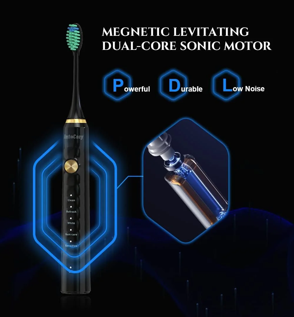 IntoCozy Sonic Electric Toothbrush Whitening Toothbrush with 2 Dupont Heads for Adults and Teenagers, Wireless Charging, 5 Modes with Smart Timer, IPX7 Waterproof(Black)