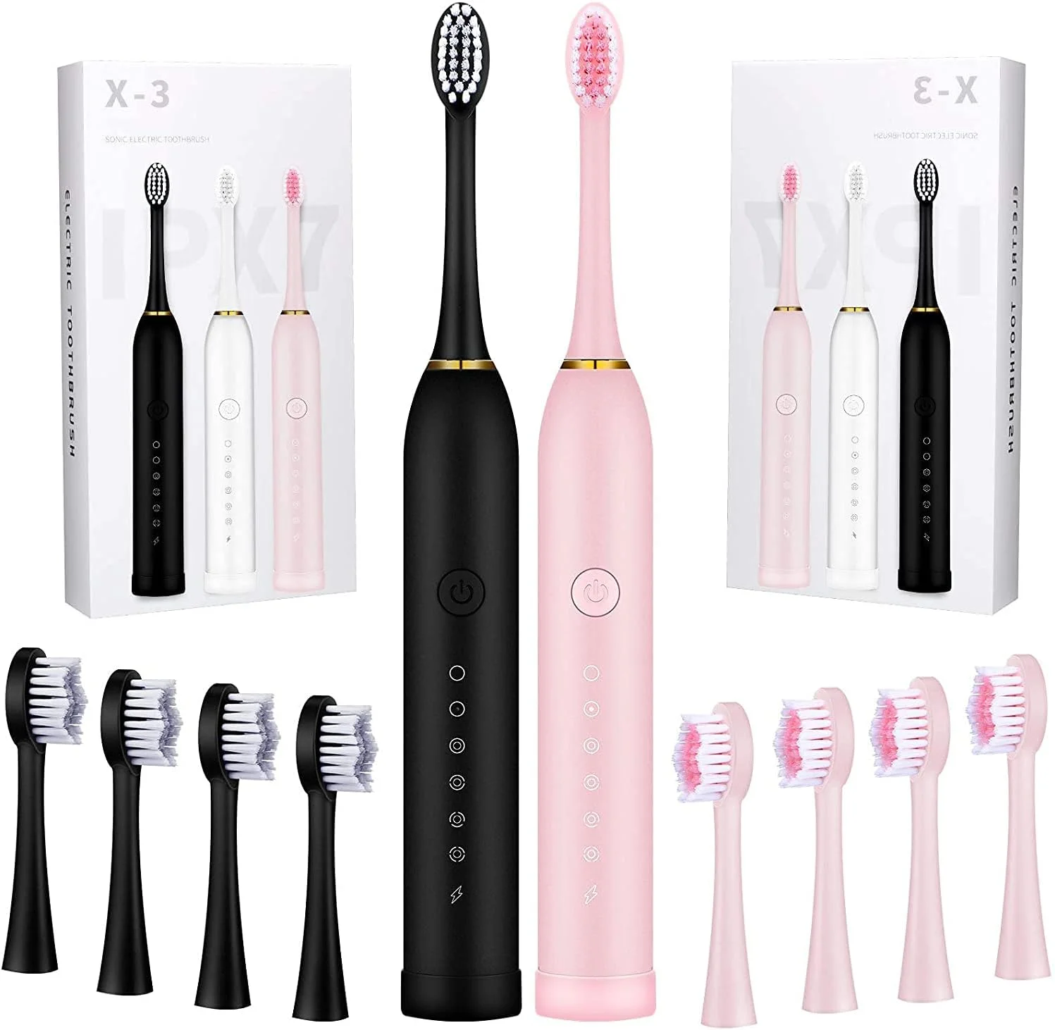 مسواک برقی صوتی KASTWAVE با تایمر 2 دقیقه ای، مسواک برقی قابل شارژ، مسواک سفید کننده مراقبت از دهان برای بزرگسالان و کودکان، 8 عدد سری برس جایگزین، صورتی و مشکی