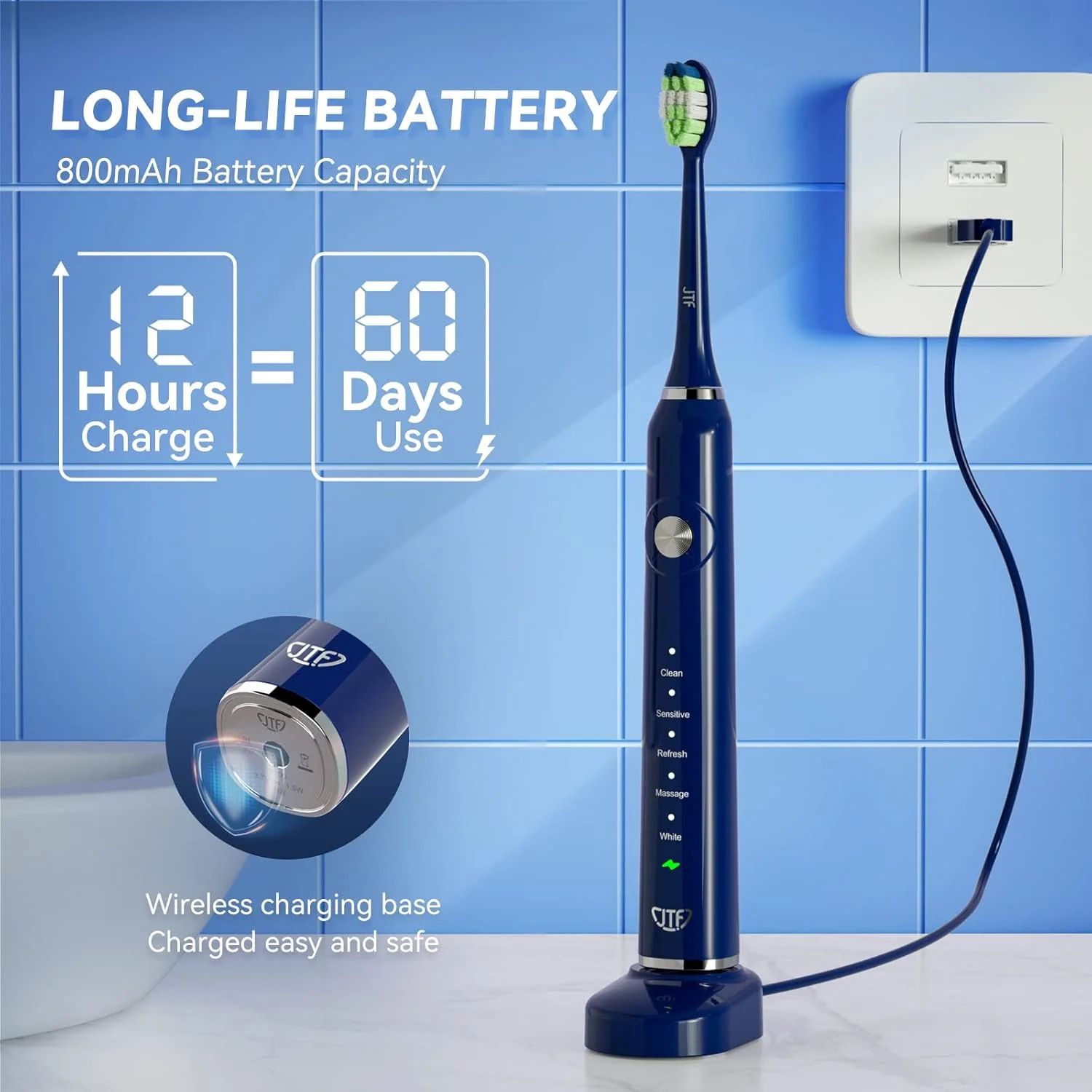 مسواک برقی صوتی بزرگسالان JTF Sonic، مسواک الکترونیکی قابل شارژ با کیف مسافرتی، 5 حالت انتخابی، 6 سری برس جایگزین، 12 ساعت شارژ برای 90 روز استفاده (P200-آبی)