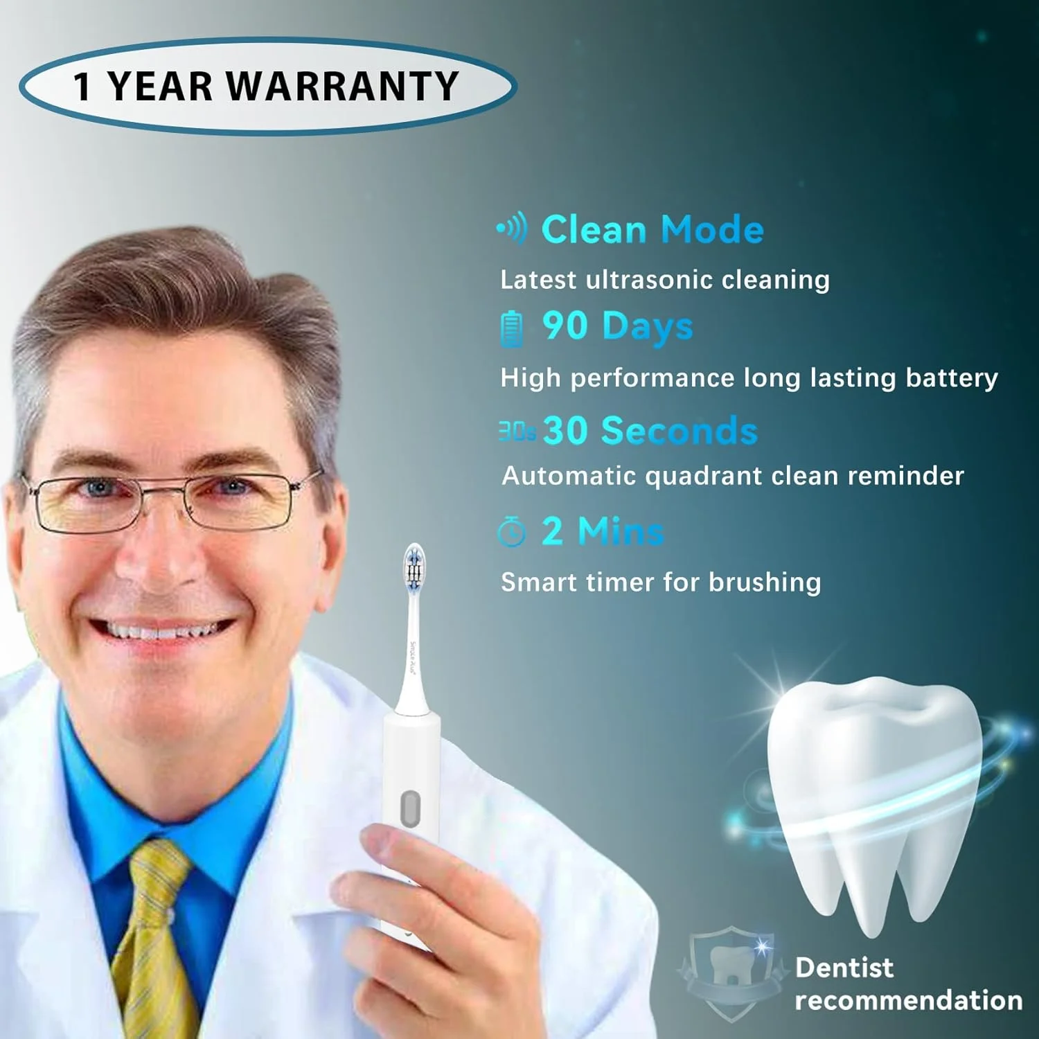 مسواک برقی اولتراسونیک قابل شارژ LONG FIT، شارژ 90 روزه، 37000VPM - 3 حالت تمیز کردن، ماساژ، حساس با تمیز کننده زبان، 5+5 سر برس Dupont، سفید (استاندارد)