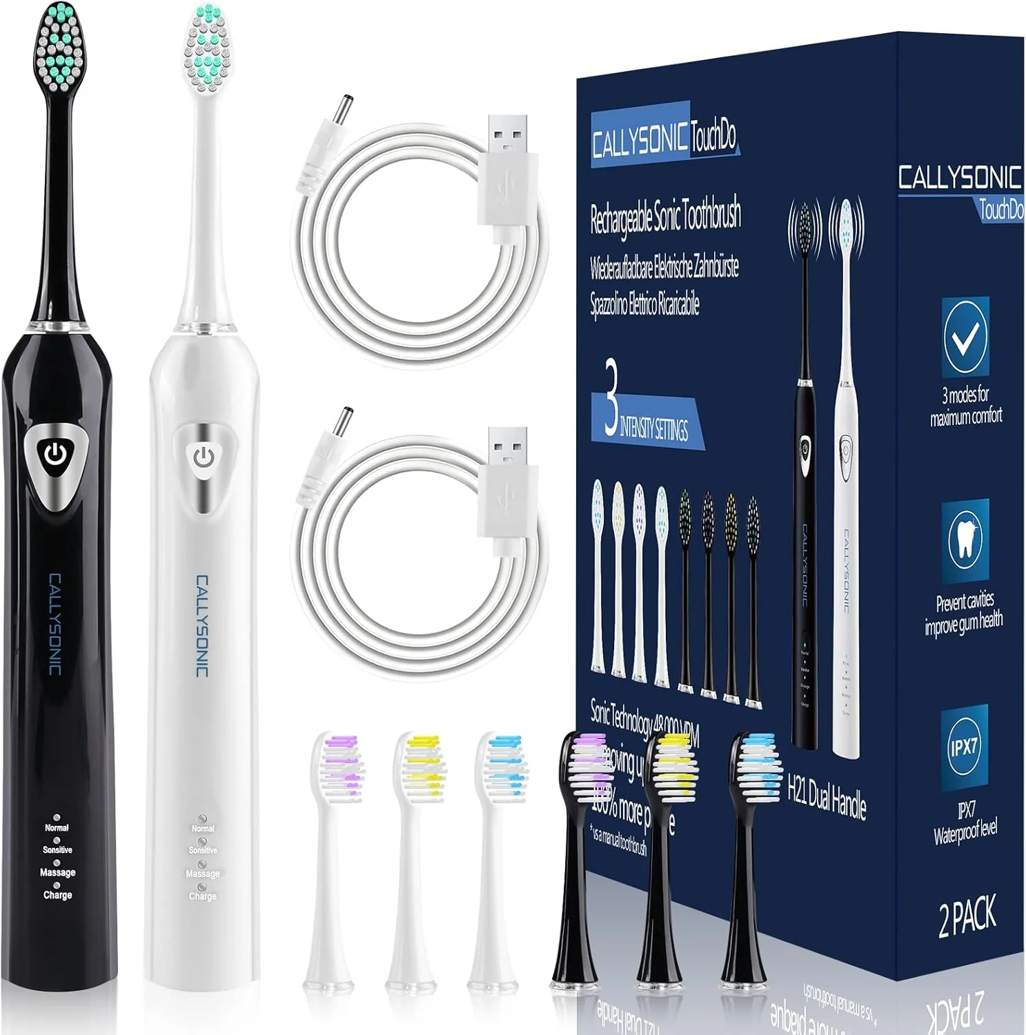 مسواک برقی HSYTEK، مسواک صوتی سفید کننده، دو دسته با 8 سر برس، برای بزرگسالان و کودکان، 48000 VPM - 3 حالت - تایمرهای هوشمند - 4 ساعت شارژ برای 45 روز استفاده (دسته ترکیبی - 2)