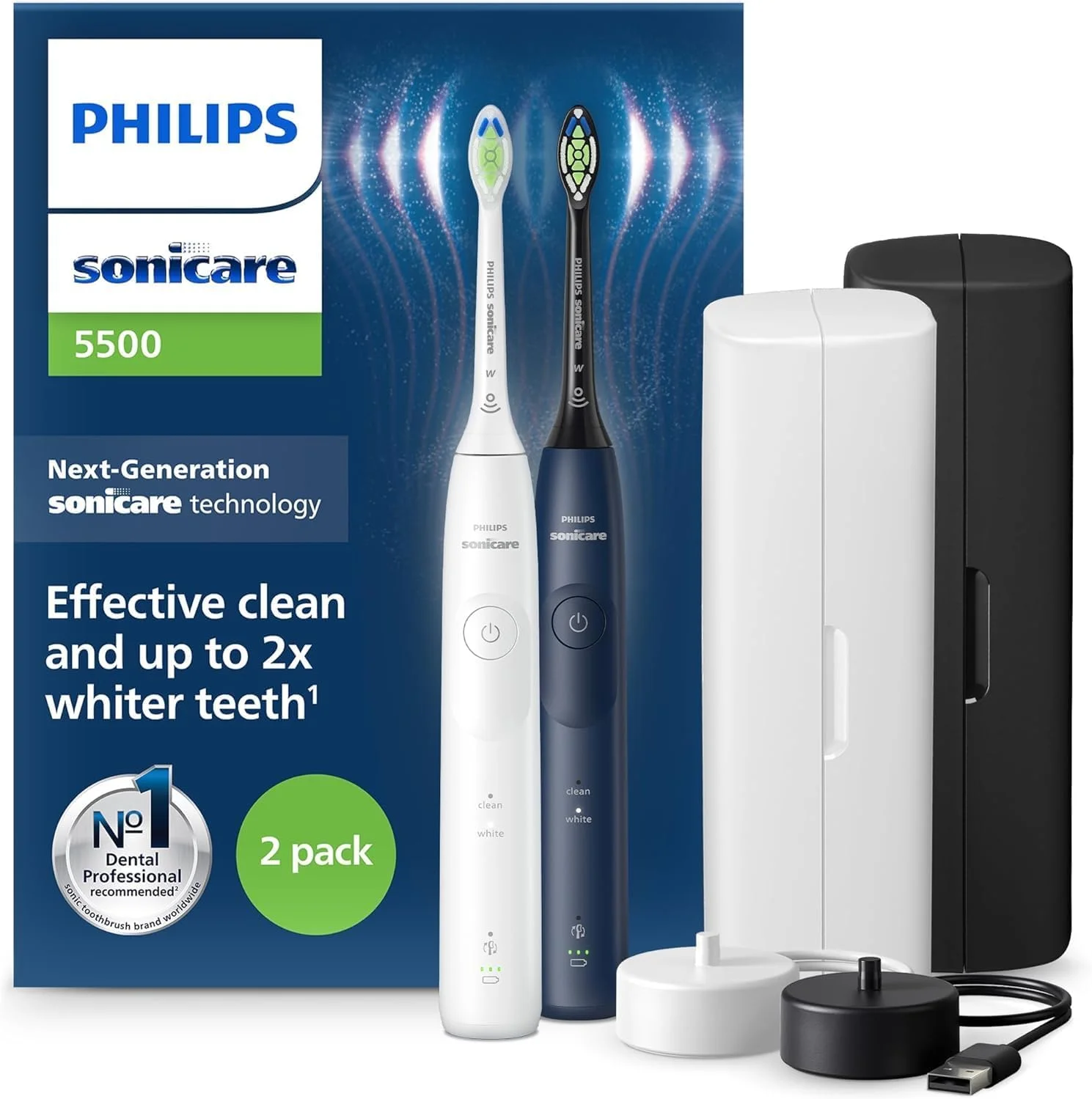 مسواک برقی فیلیپس Sonicare HX7119/01 5500، مسواک صوتی با 2 حالت تمیز کردن، کنترل فشار، EasyStart، SmarTimer و BrushPacer، سفید و سرمه ای، بسته 2 عددی