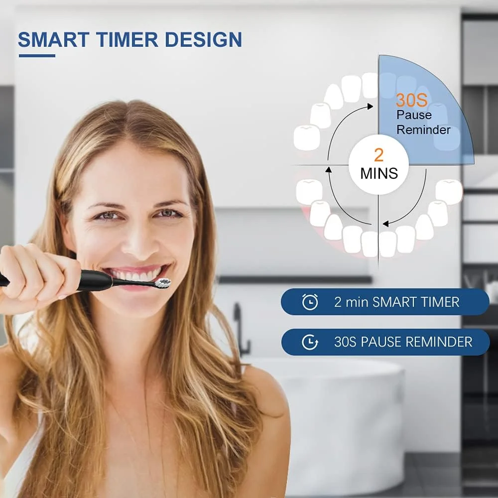 مسواک برقی هوباکو با 6 حالت تمیز کردن، ضد آب و تایمر 2 دقیقه ای، مشکی و سفید