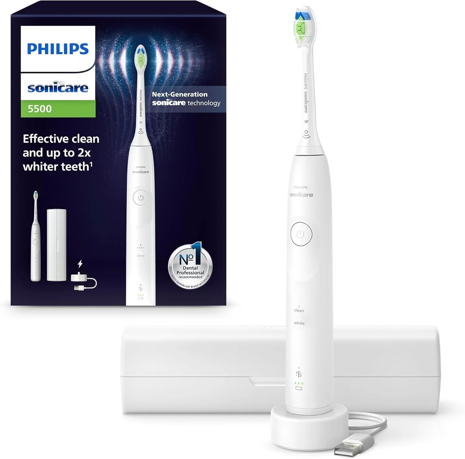 مسواک برقی فیلیپس Sonicare HX7110/02 5500، مسواک صوتی با 2 حالت تمیز کردن، کنترل فشار، EasyStart، SmarTimer و BrushPacer، سفید