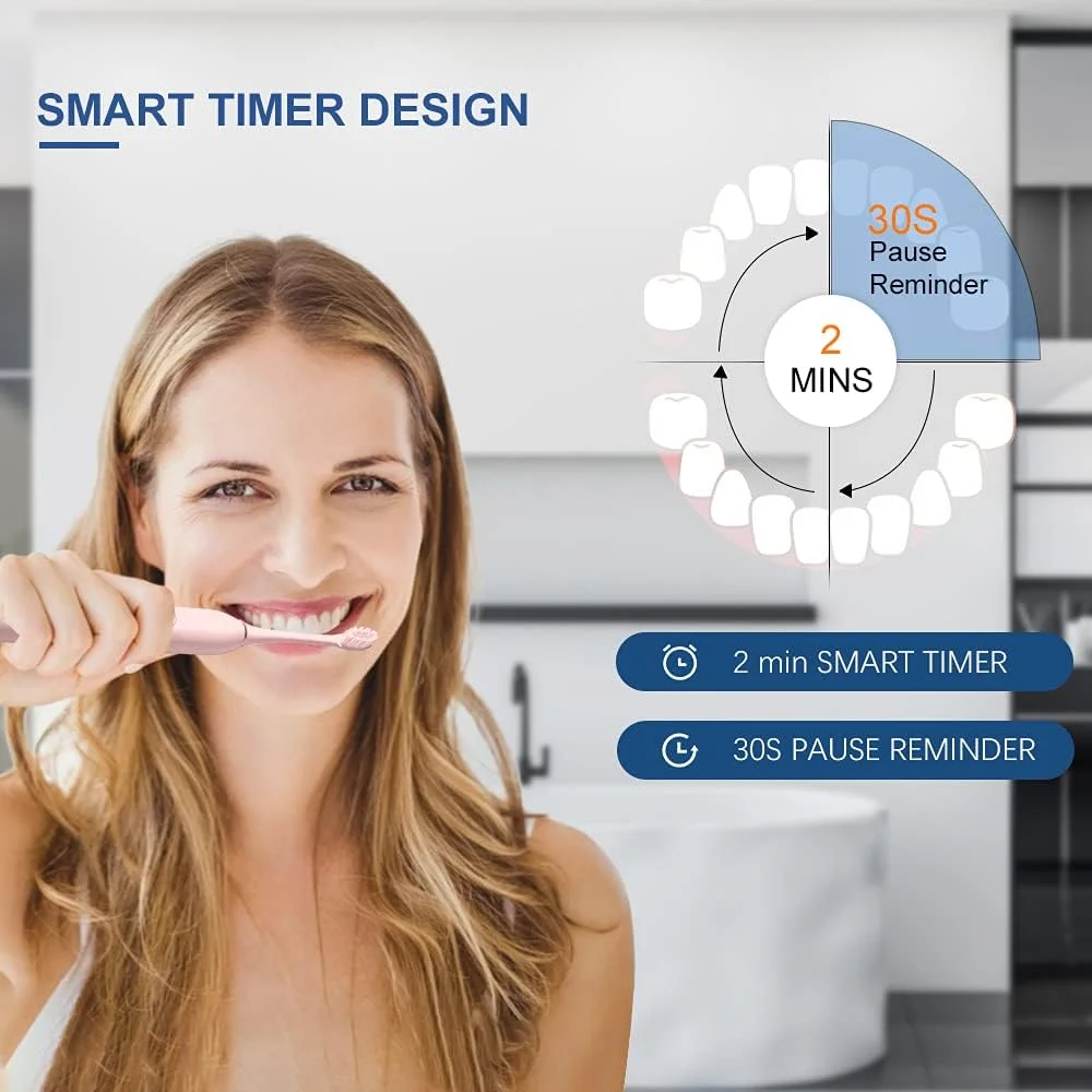 مسواک برقی HUBAKO با 6 حالت تمیز کردن، ضد آب، تایمر 2 دقیقه ای، صورتی و مشکی