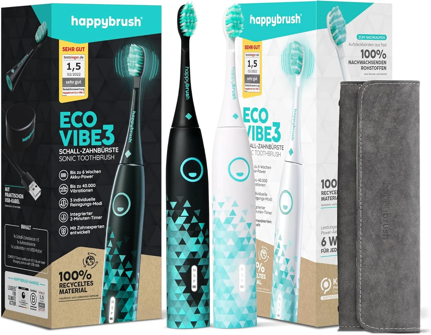 مسواک برقی سونیک Happybrush® Eco VIBE 3 در بسته دوتایی - مسواک بادوام با باتری 6 هفته ای به همراه کیف مسافرتی - مشکی/نعنایی و سفید/نعنایی