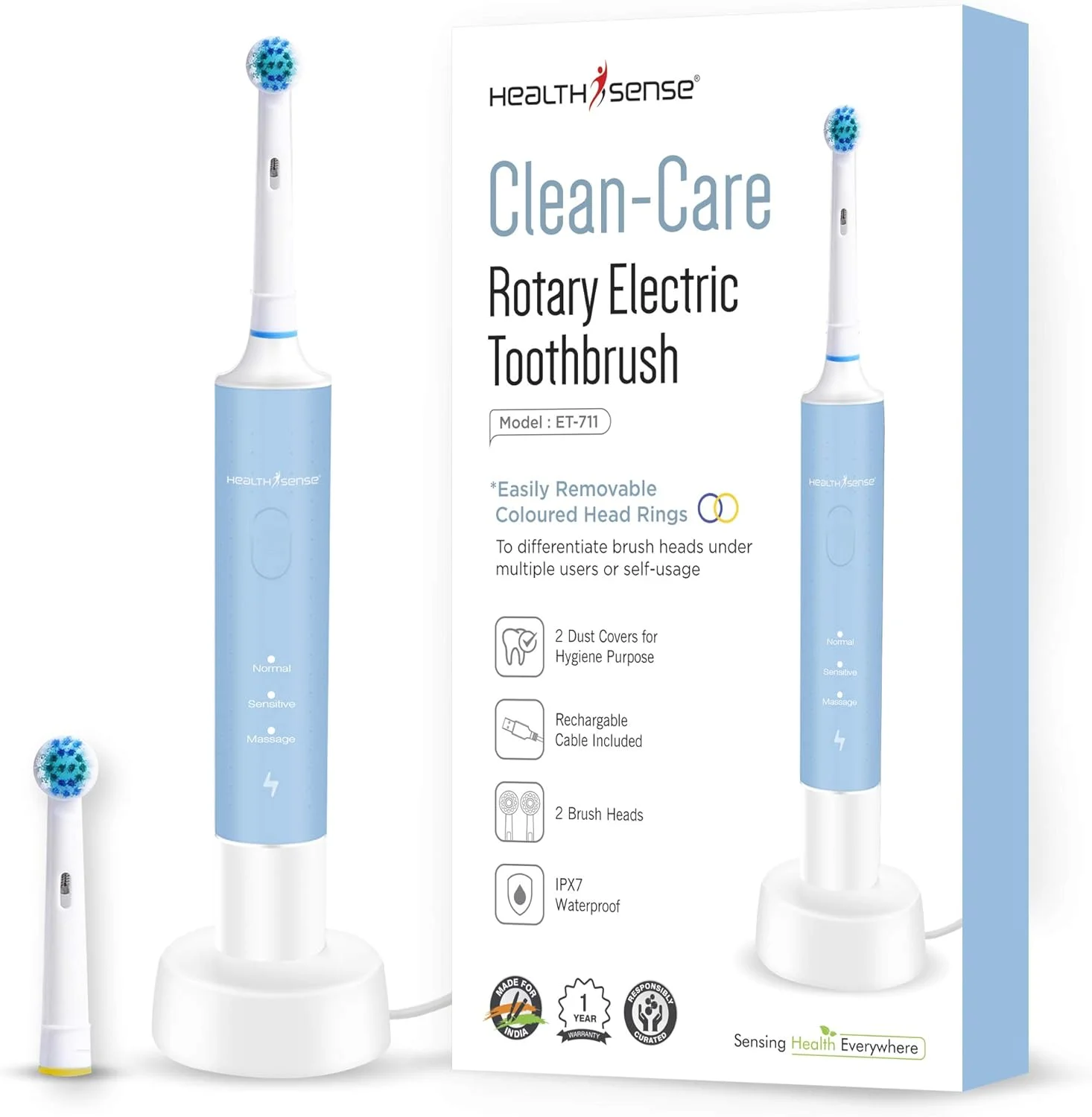 مسواک برقی چرخشی قابل شارژ بزرگسالان HealthSense Clean-Care ET 711 به همراه سری برس اضافی و درپوش گرد و غبار | ضد آب IPX7 و 3 حالت تمیز کردن پویا