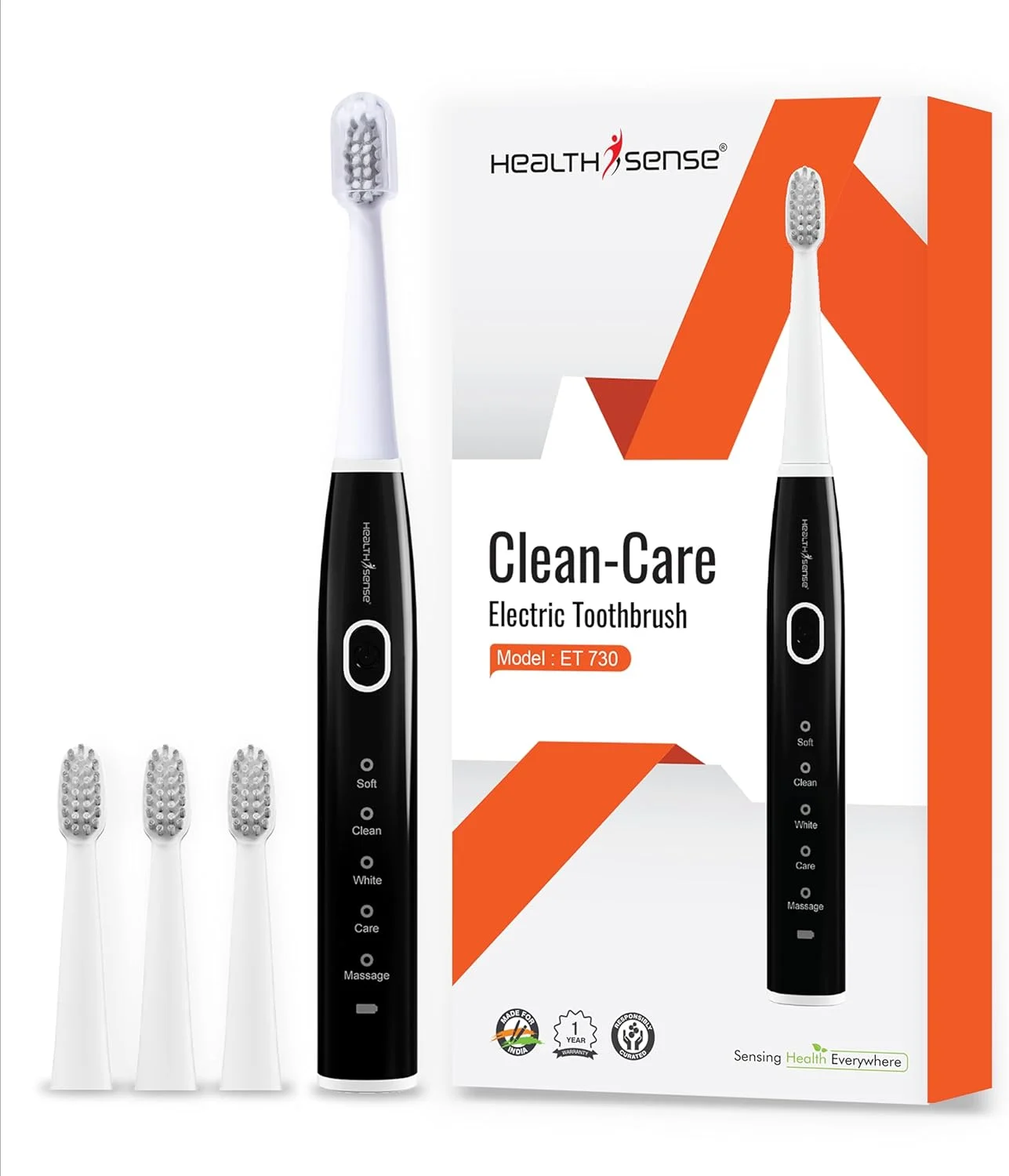 مسواک برقی بزرگسال HealthSense مدل Clean-Care ET 730 با قابلیت شارژ | 4 سری مسواک | ضد آب IPX7 | 5 حالت عملکردی