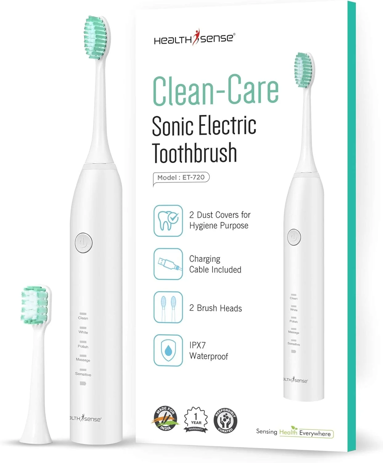 مسواک برقی سونیک شارژی HealthSense Clean-Care ET 720 به همراه سری اضافی و درپوش ضد گرد و غبار | ضد آب IPX7 و دارای 5 حالت پاکسازی پویا (سفید)