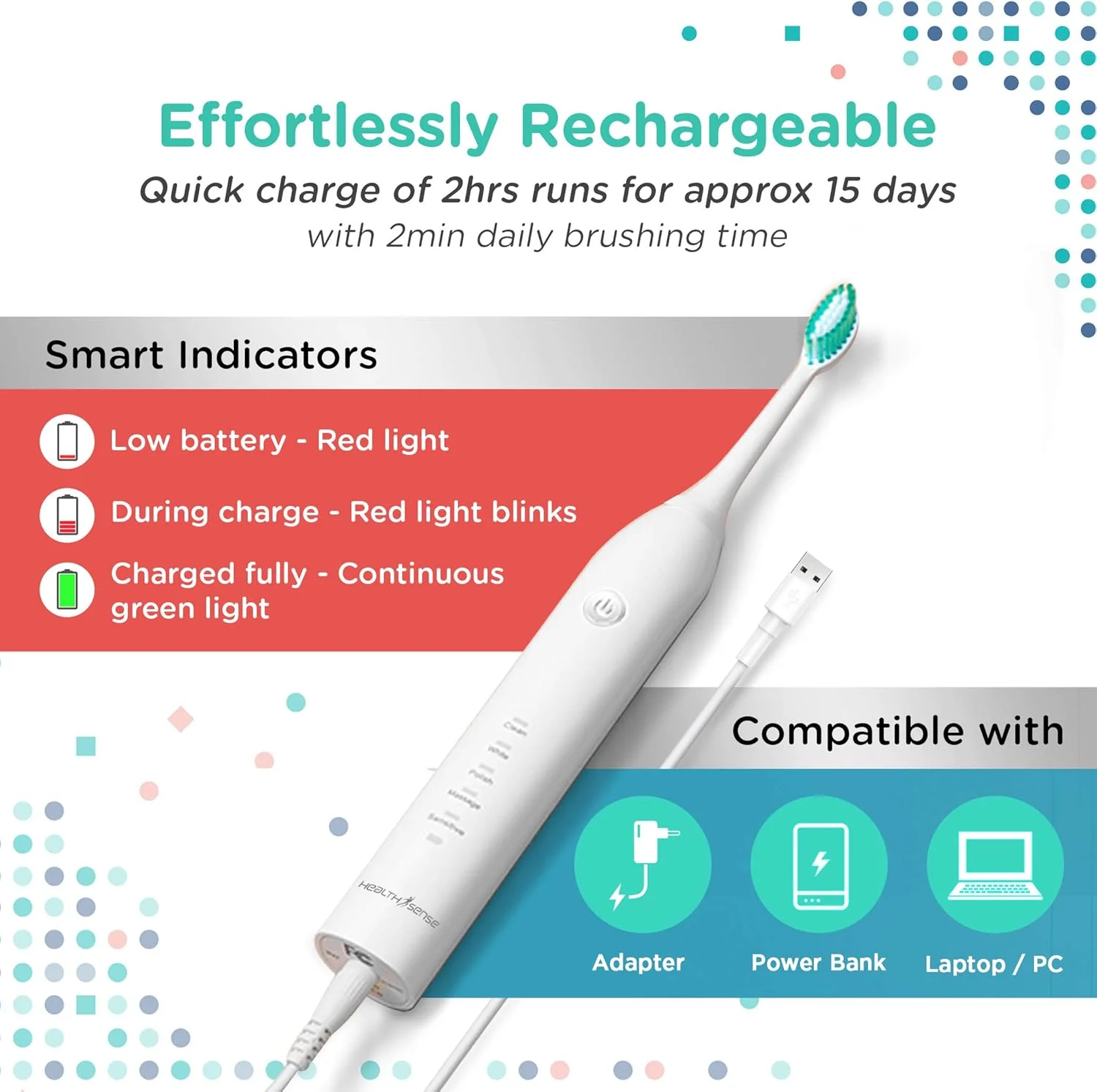 مسواک برقی سونیک شارژی HealthSense Clean-Care ET 720 به همراه سری اضافی و درپوش ضد گرد و غبار | ضد آب IPX7 و دارای 5 حالت پاکسازی پویا (سفید)