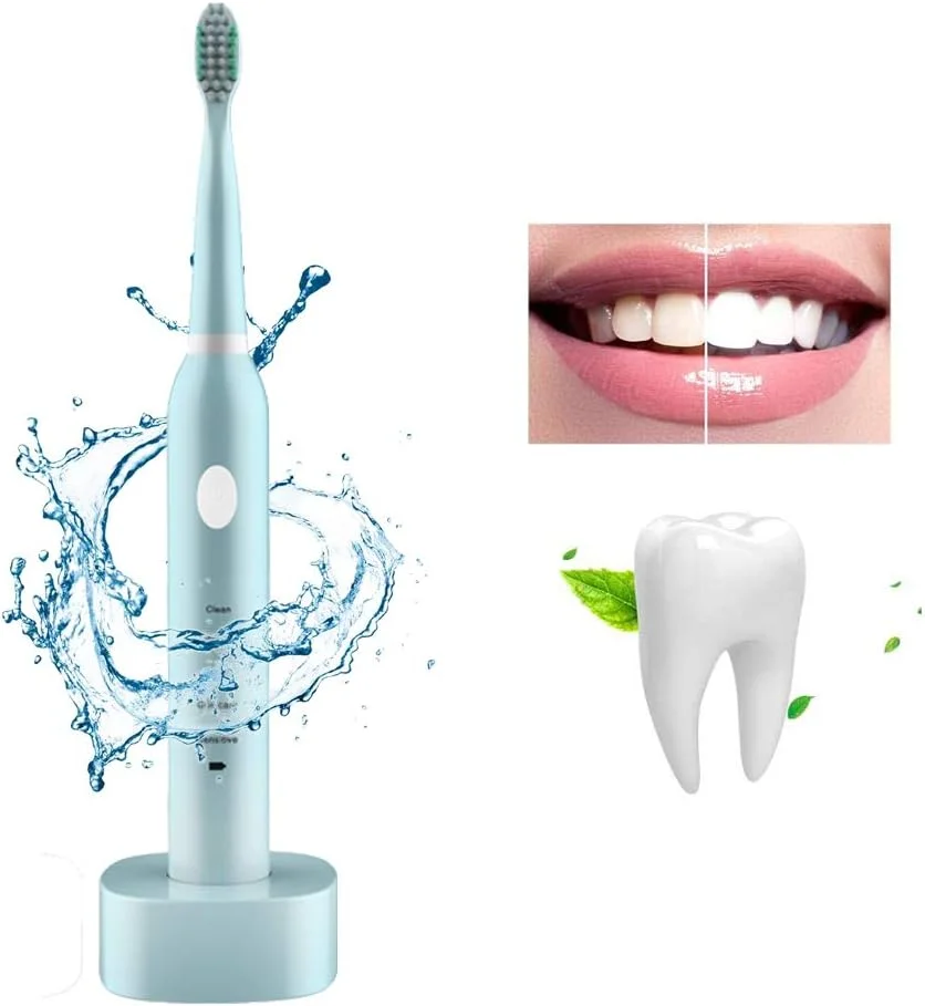 مسواک برقی GYNFJK با شارژر مسافرتی USB، 5 حالت تمیز کردن و 6 سری جایگزین، مسواک سونیک برای بزرگسالان و زوج ها، شارژ القایی بی سیم، آبی