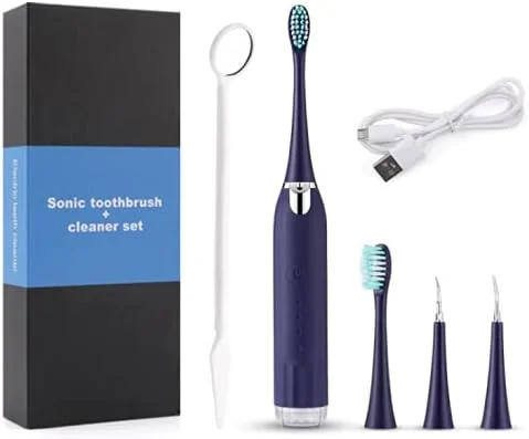 مسواک برقی چند منظوره HSJT، پاک کننده دندان با 45000 لرزش در ثانیه، دارای استاندارد ضدآب IPX7 و سری های قابل تعویض، مناسب برای تمیز کردن دندان و جرم گیری. دارای دو مسواک و دو جرم گیر.