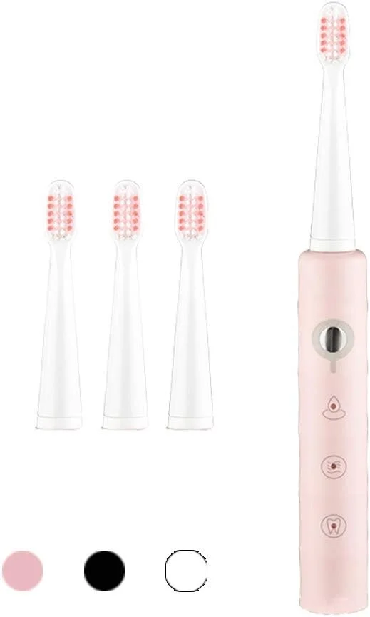 مسواک برقی صوتی GYNFJK، مسواک اولتراسونیک قابل حمل مسافرتی با 4 سر برس، تایمر هوشمند 2 دقیقه ای، مسواک قابل شارژ USB برای نوجوانان و بزرگسالان، صورتی