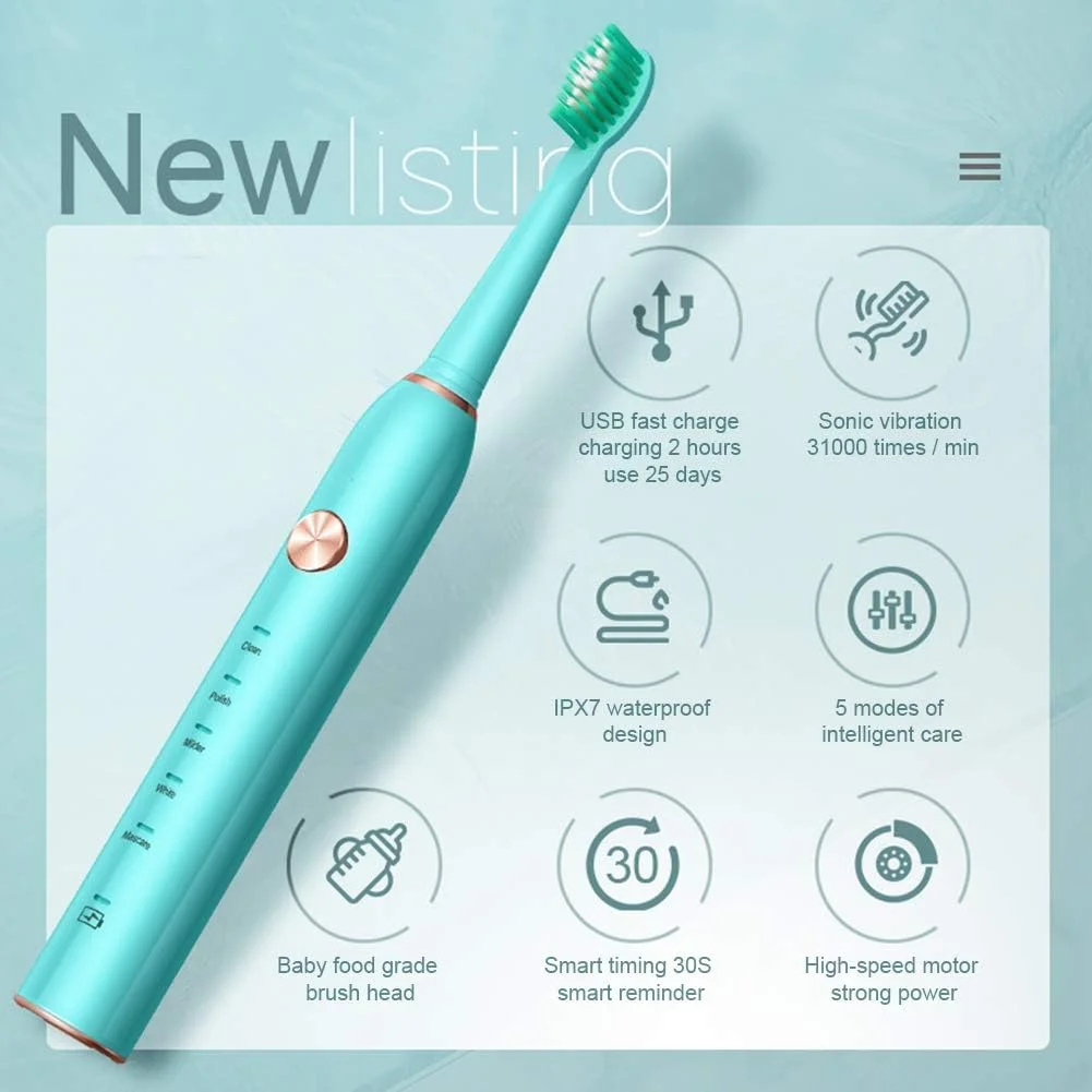 مسواک برقی صوتی GYNFJK، دارای 5 حالت مسواک زدن و تایمر هوشمند 2 دقیقه ای، مسواک قابل شارژ USB با 8 سر برس، مسواک مسافرتی، ضد آب IPX7