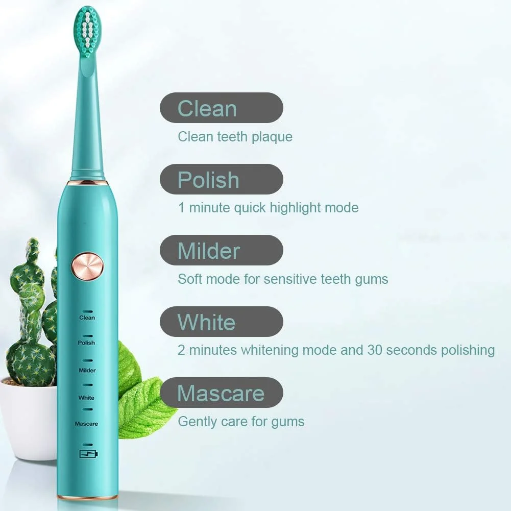 مسواک برقی صوتی GYNFJK، دارای 5 حالت مسواک زدن و تایمر هوشمند 2 دقیقه ای، مسواک قابل شارژ USB با 8 سر برس، مسواک مسافرتی، ضد آب IPX7
